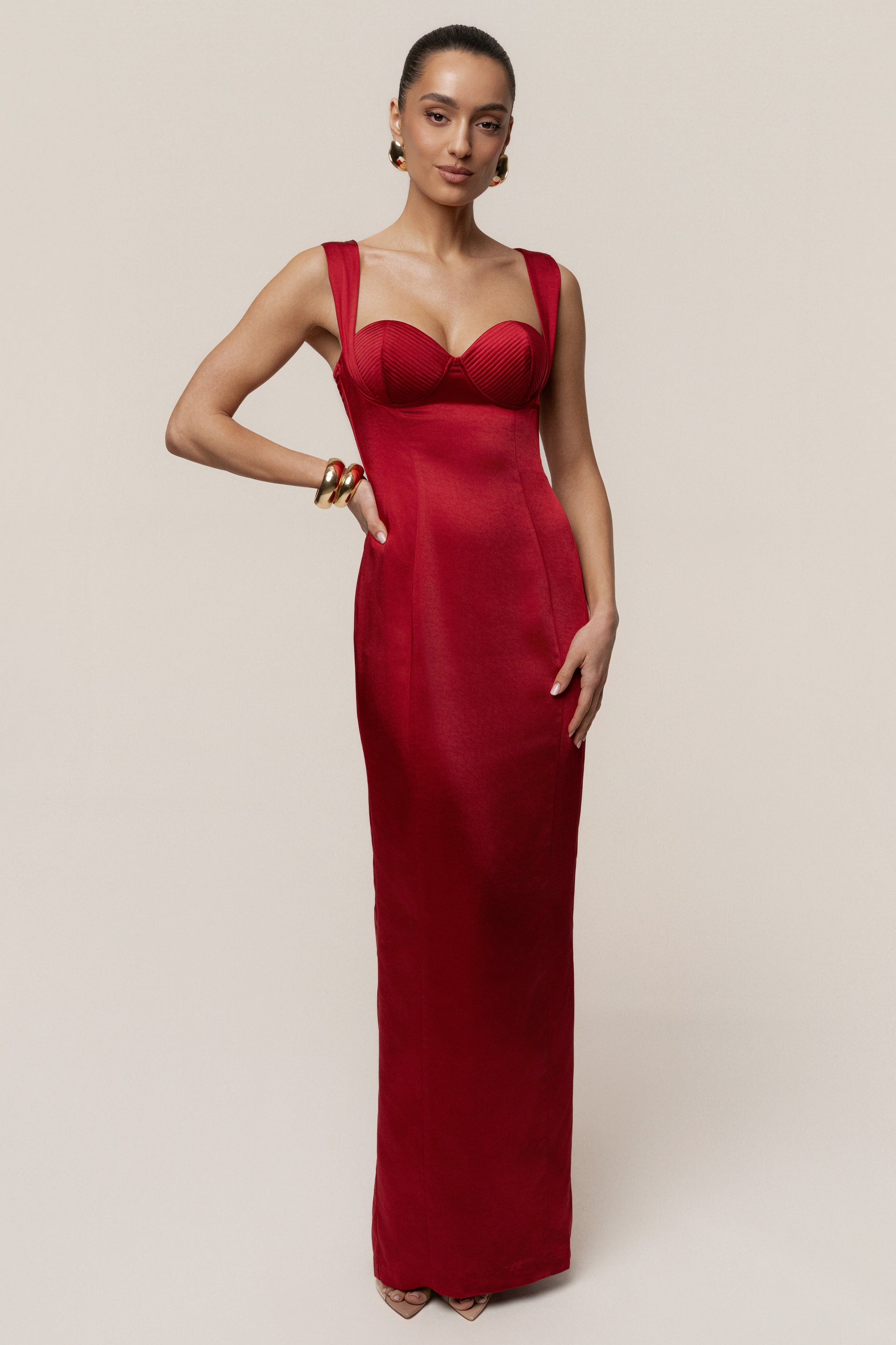 satin red formal dress Lady Black Tie - Teagan Gown - Red - Fitted Satin & Lace Dress