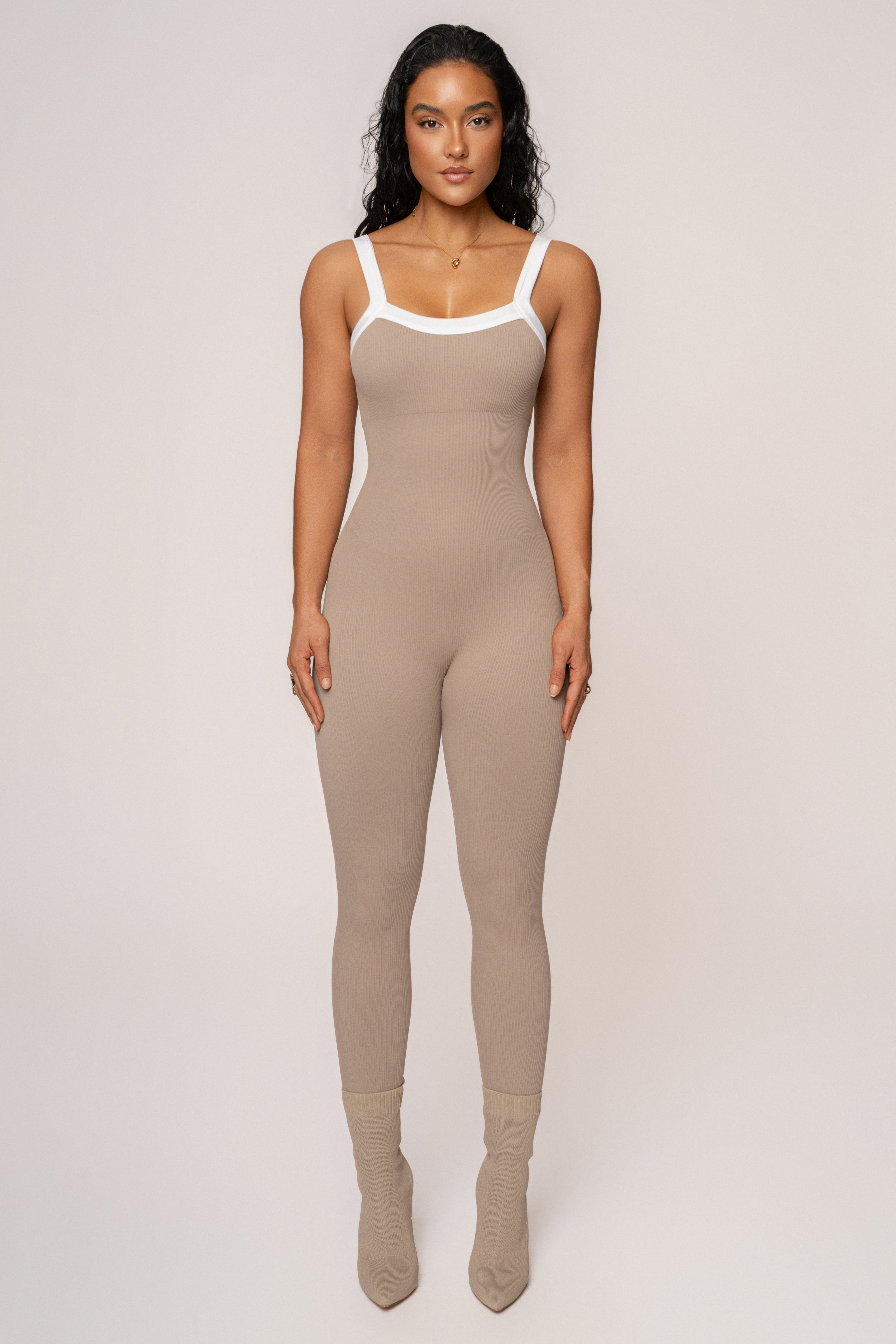 Beige/White Core Ribbed Jumpsuit