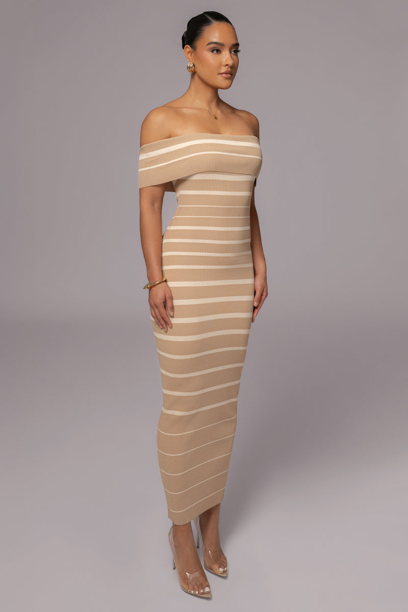 Beige Off The Shoulder Striped Dress