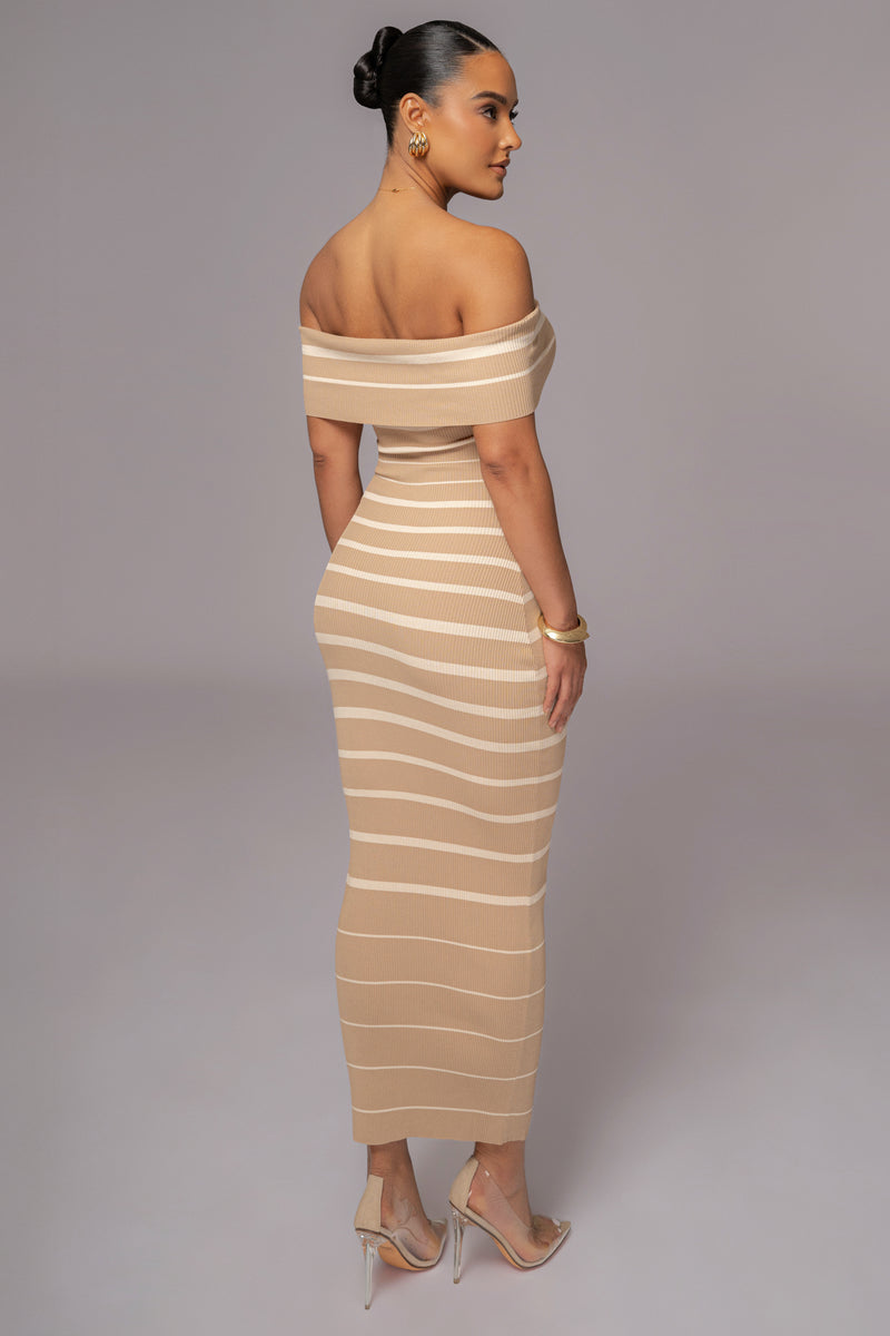 Beige Off The Shoulder Striped Dress