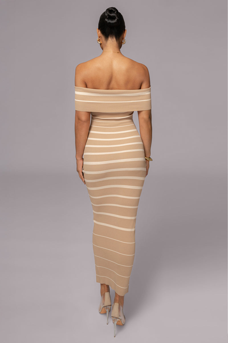 Beige Off The Shoulder Striped Dress