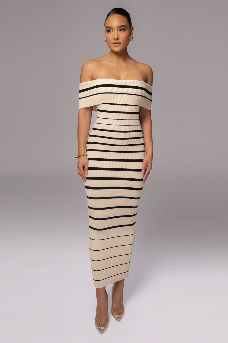 Ivory Off The Shoulder Striped Dress