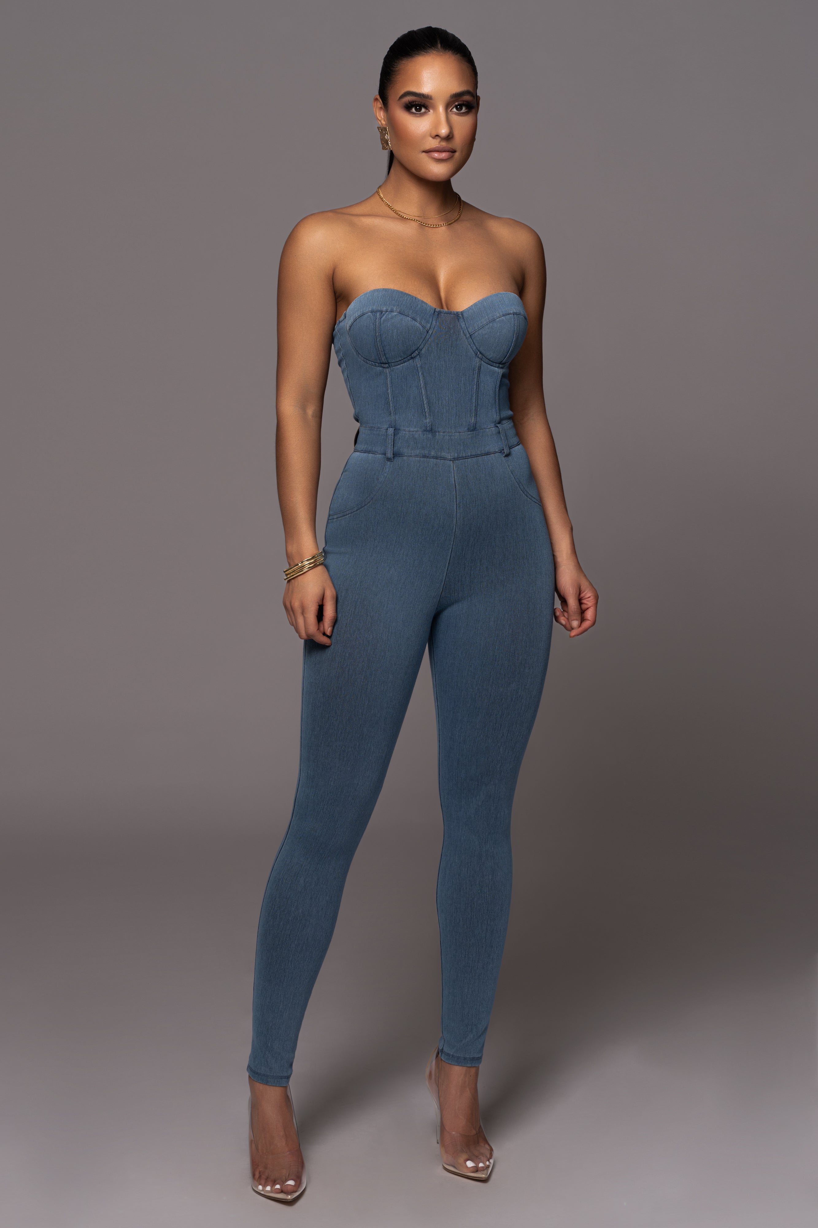 NAT & LIV x JLUXLABEL Denim Diya Bustier Jumpsuit - JLUXLABEL