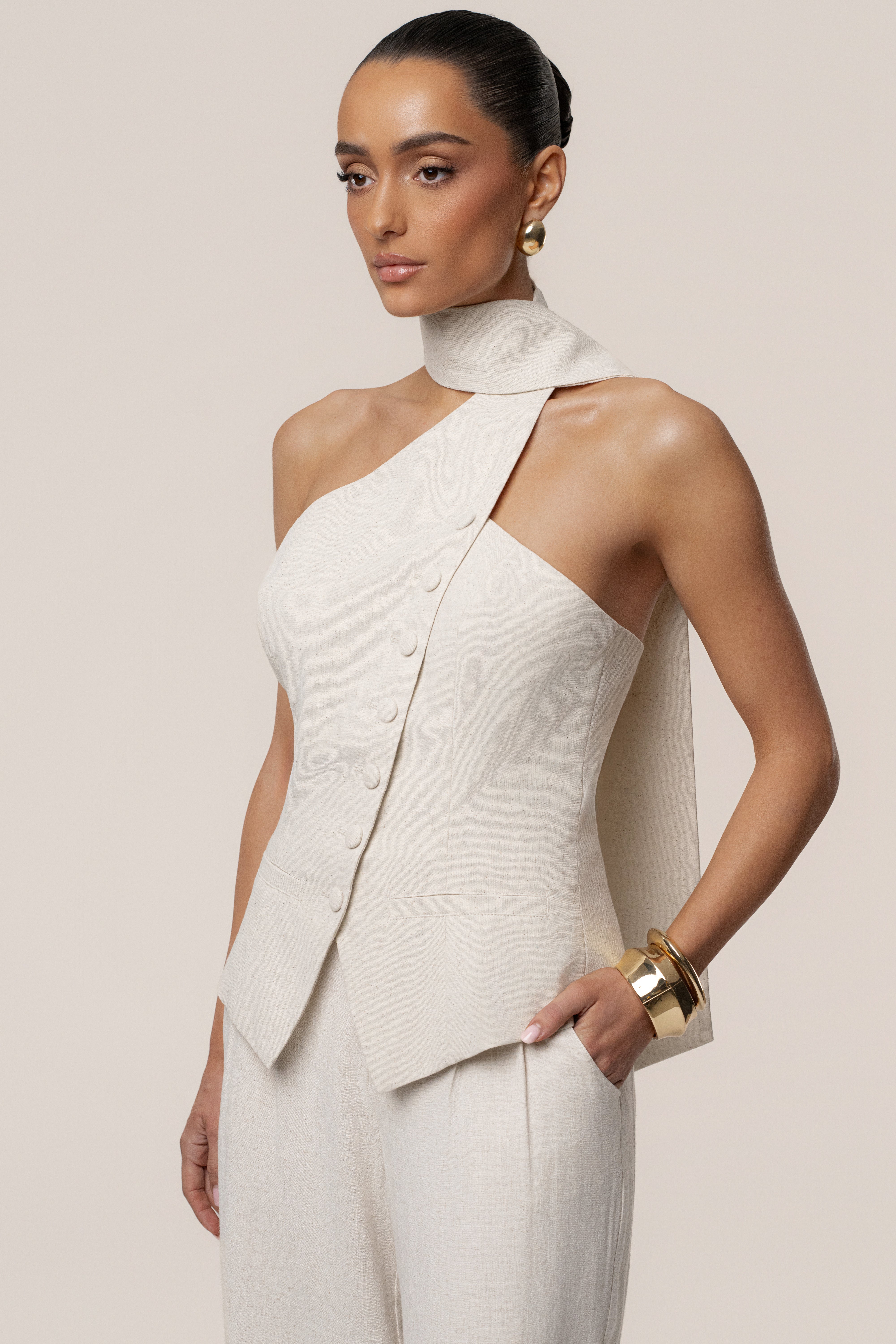 Oatmeal Asymmetric Scarf Top - JLUXLABEL