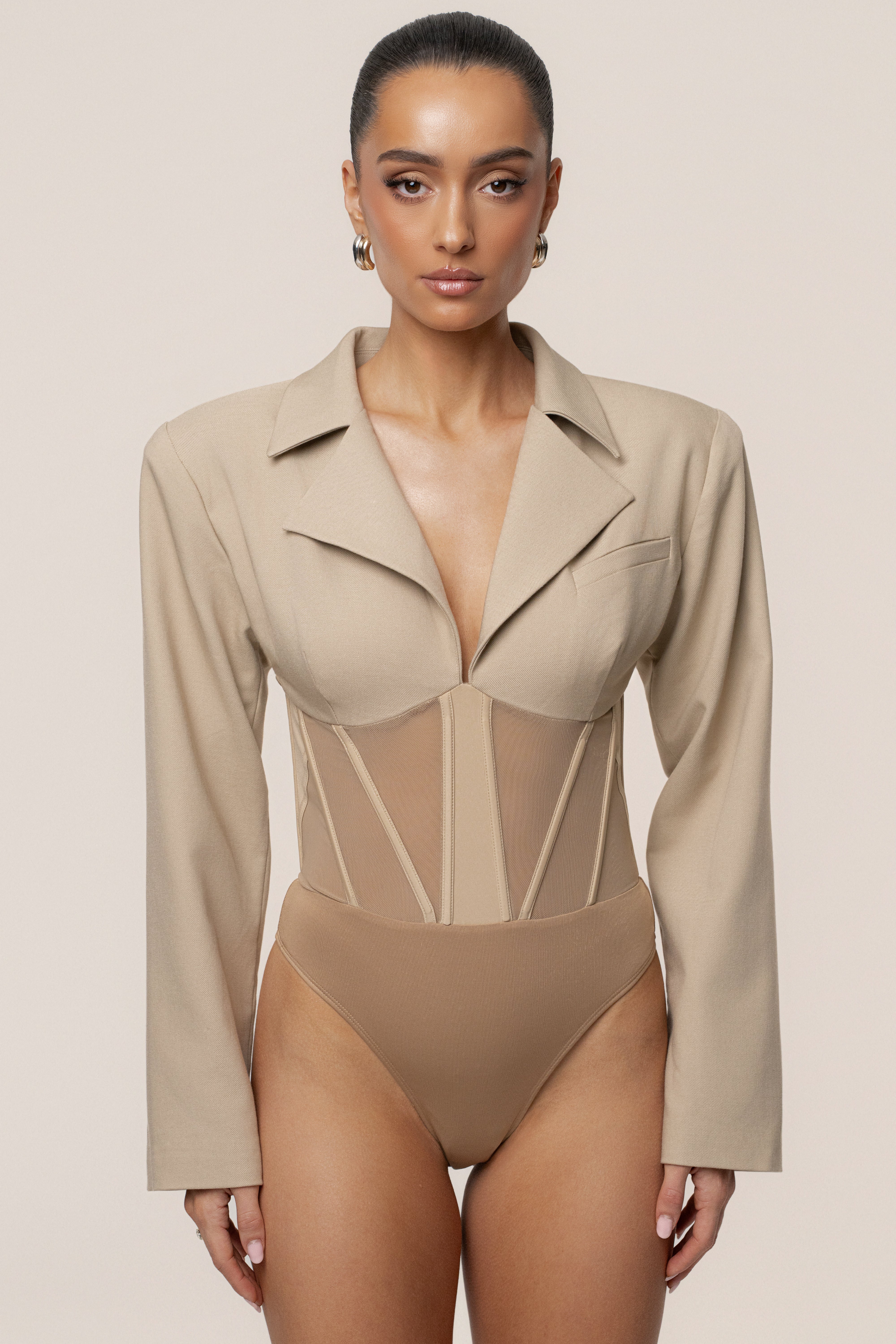 Stone Downtown Blazer Bodysuit - JLUXLABEL