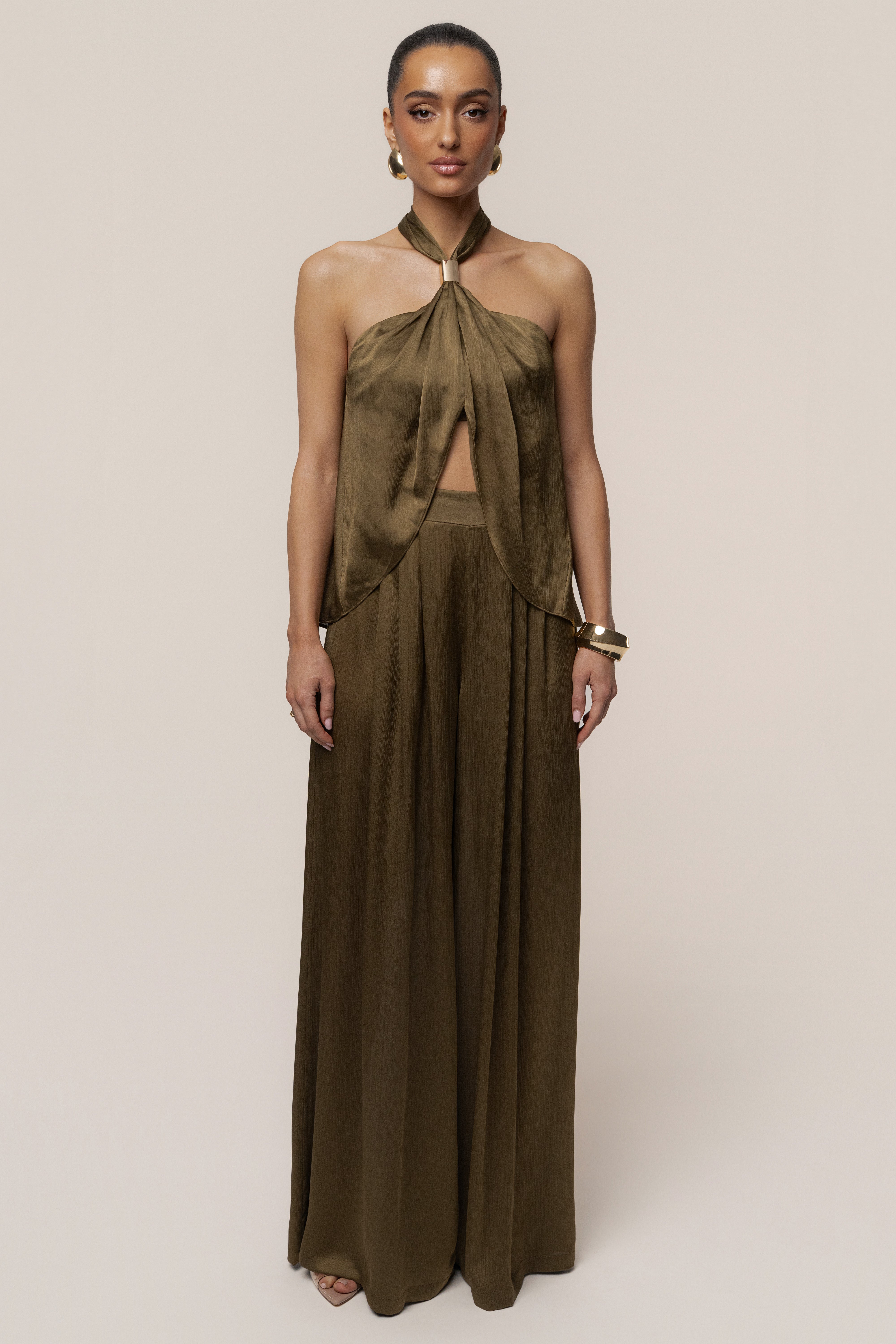 Olive Cascade Satin Pant Set
