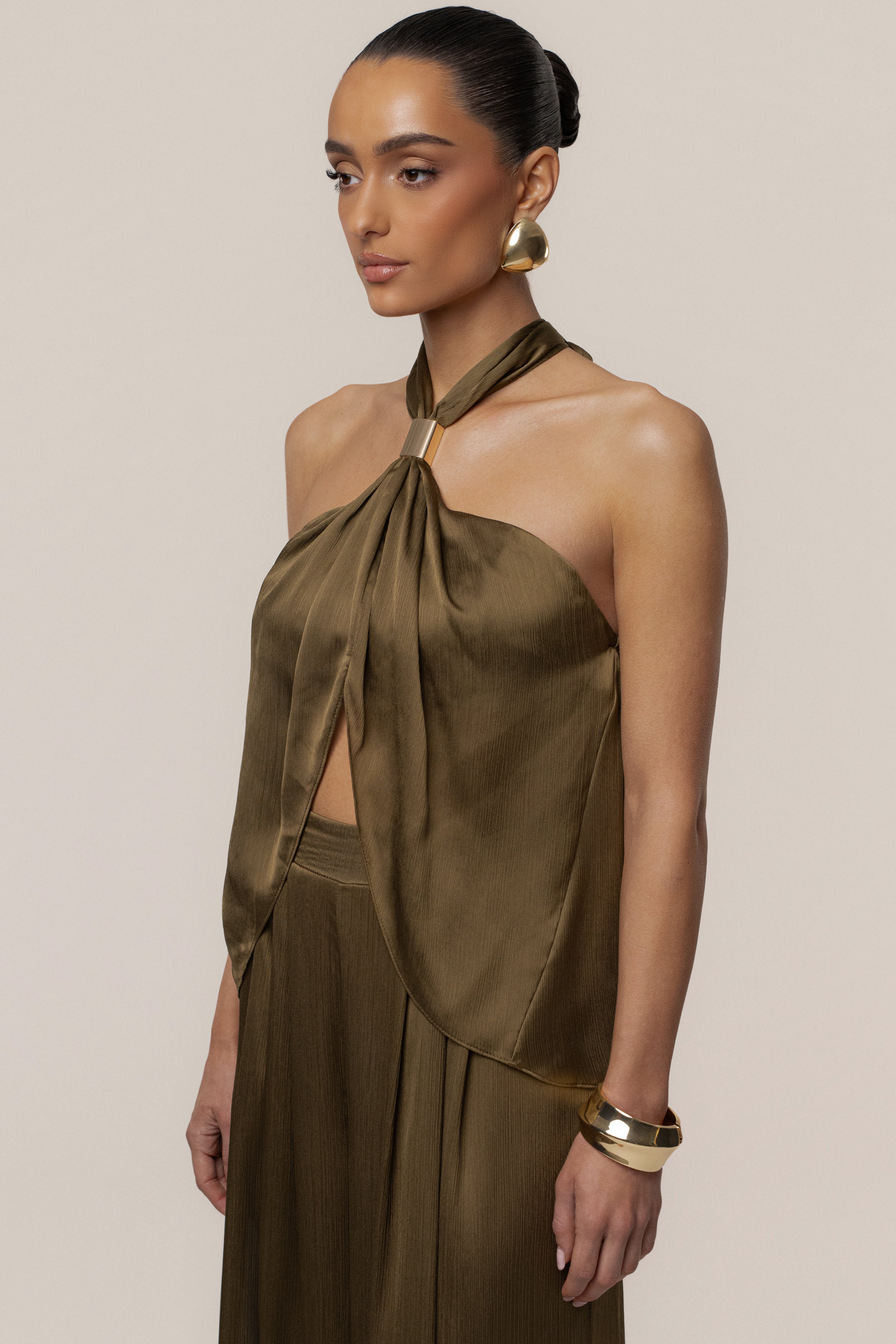Olive Cascade Satin Pant Set - JLUXLABEL
