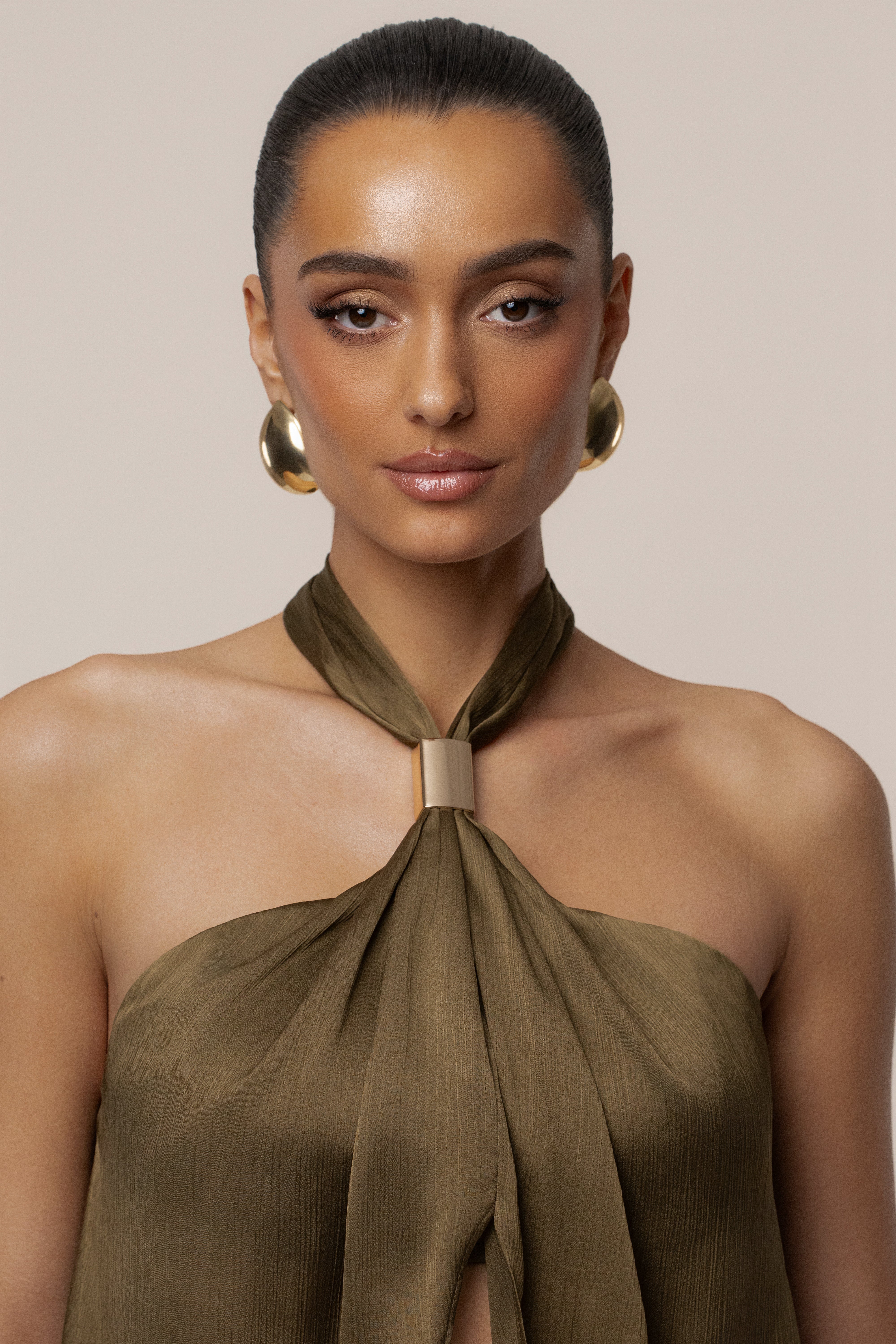 Olive Cascade Satin Pant Set