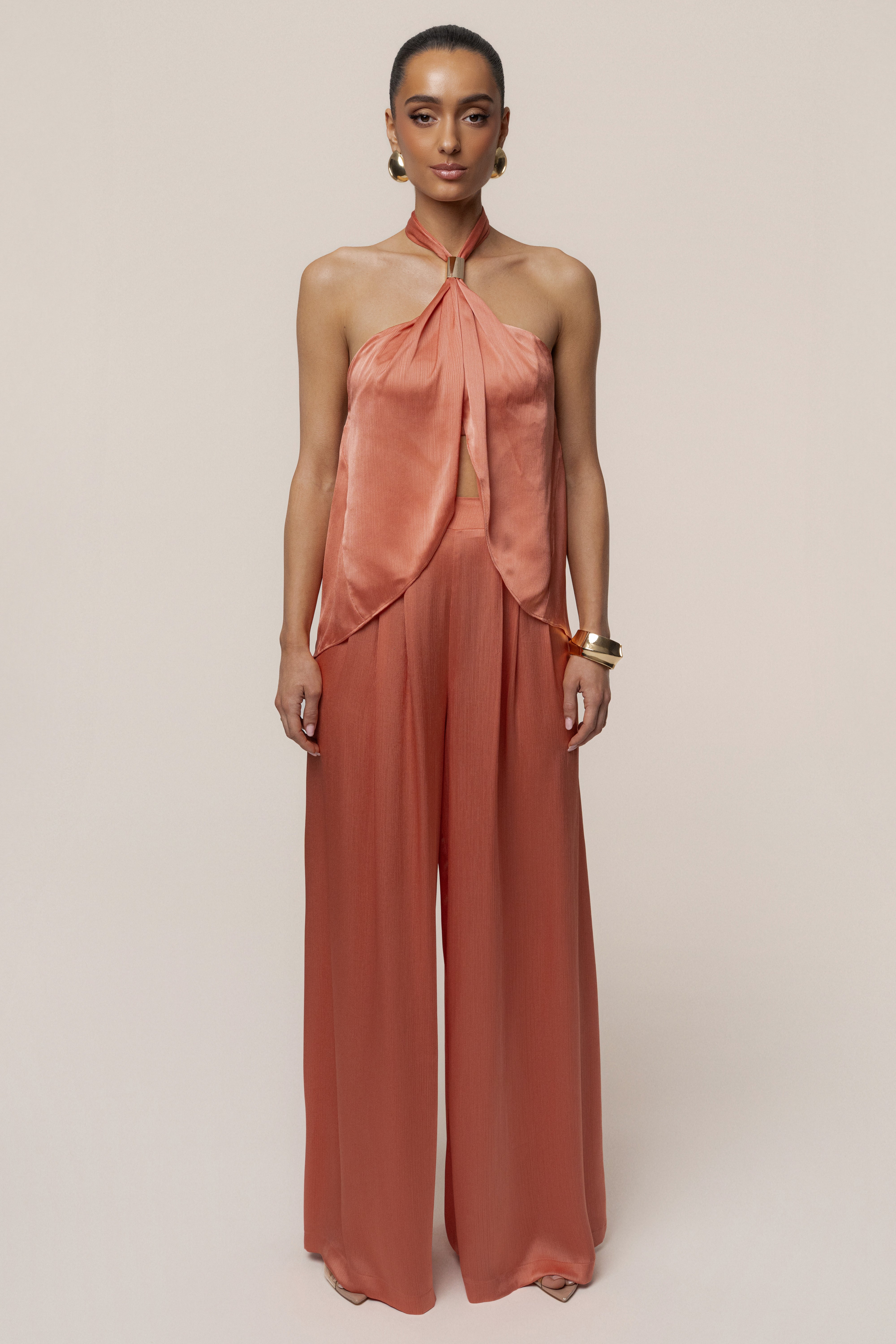 Salmon Cascade Satin Pant Set