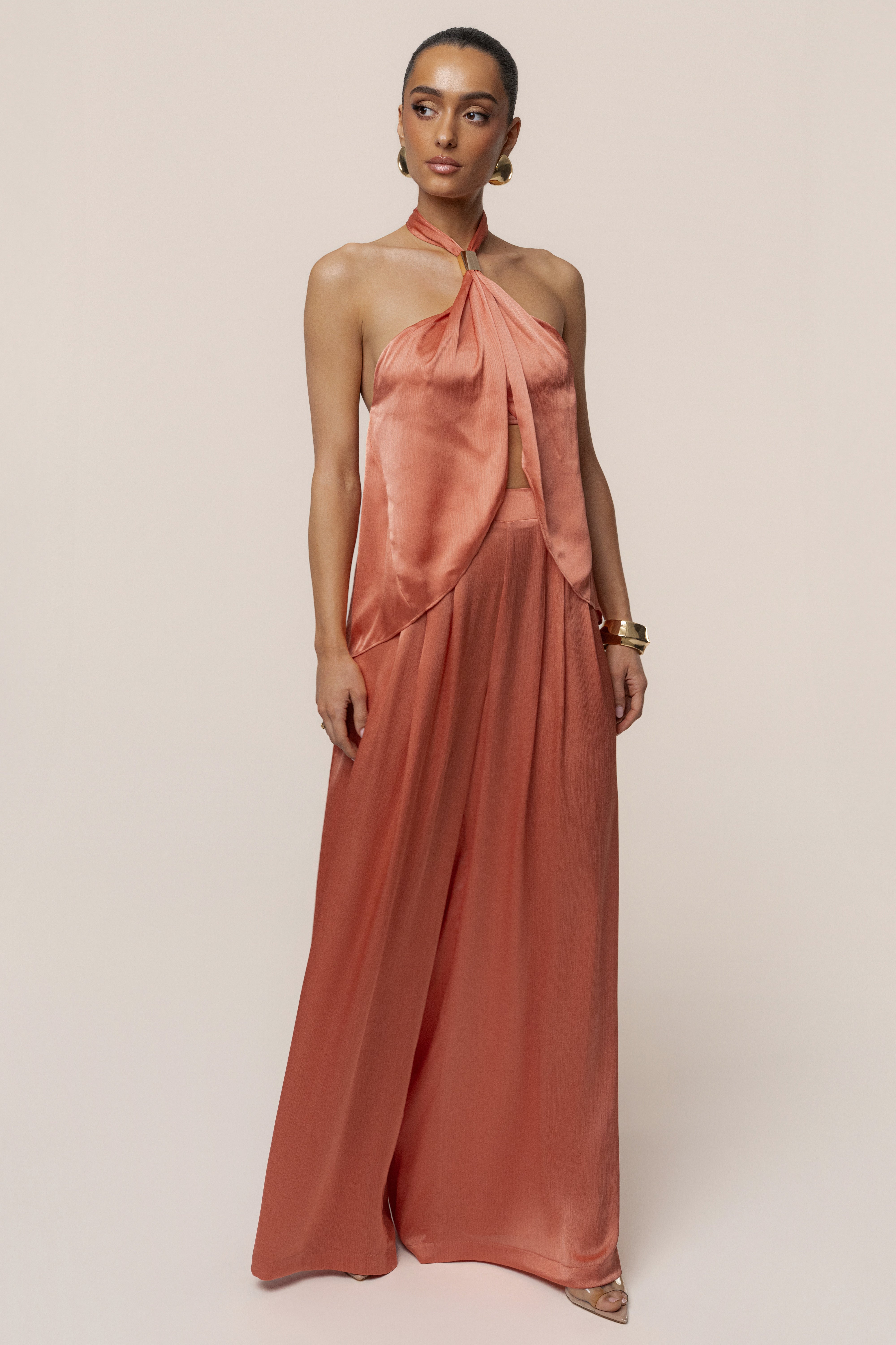 Salmon Cascade Satin Pant Set - JLUXLABEL