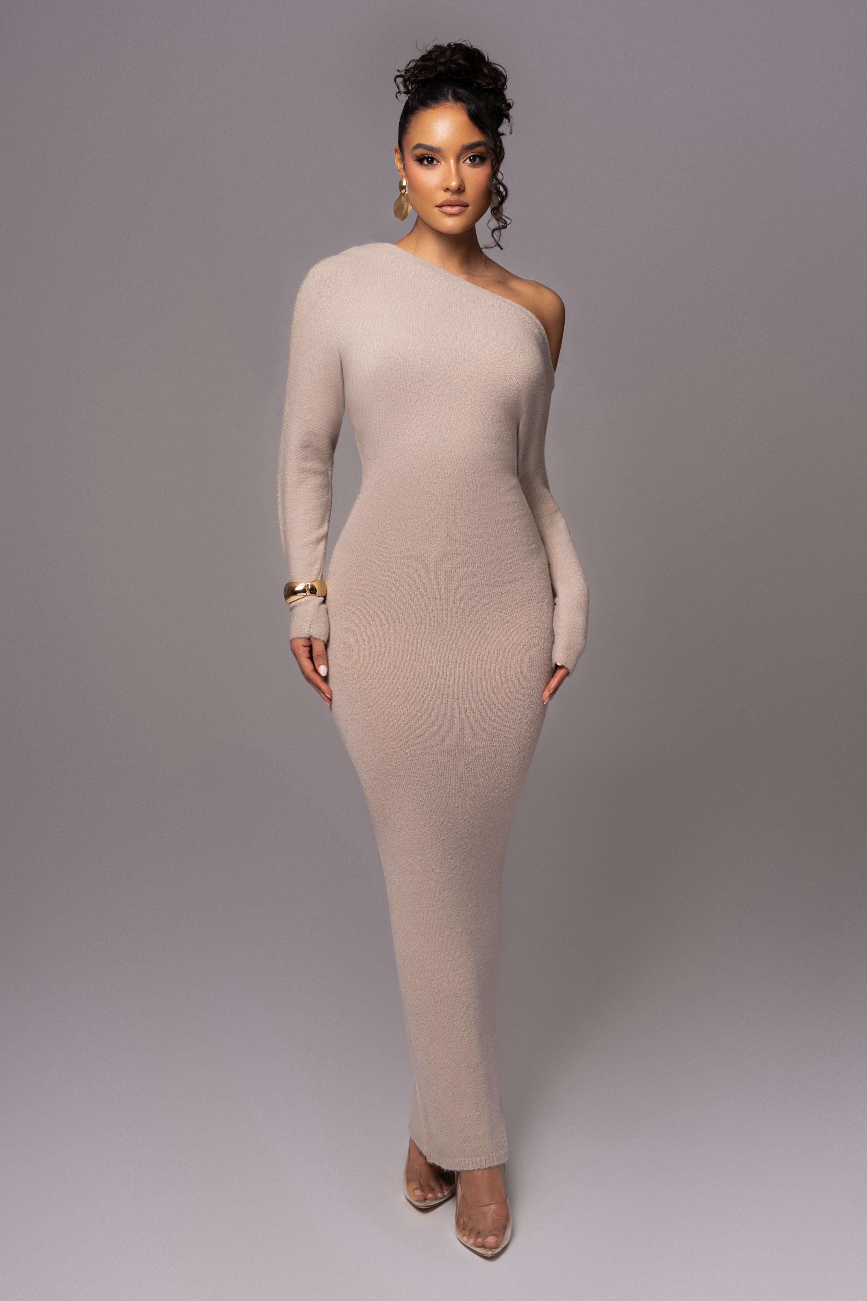 Beige Maddux Asymmetrical Maxi Dress - JLUXLABEL