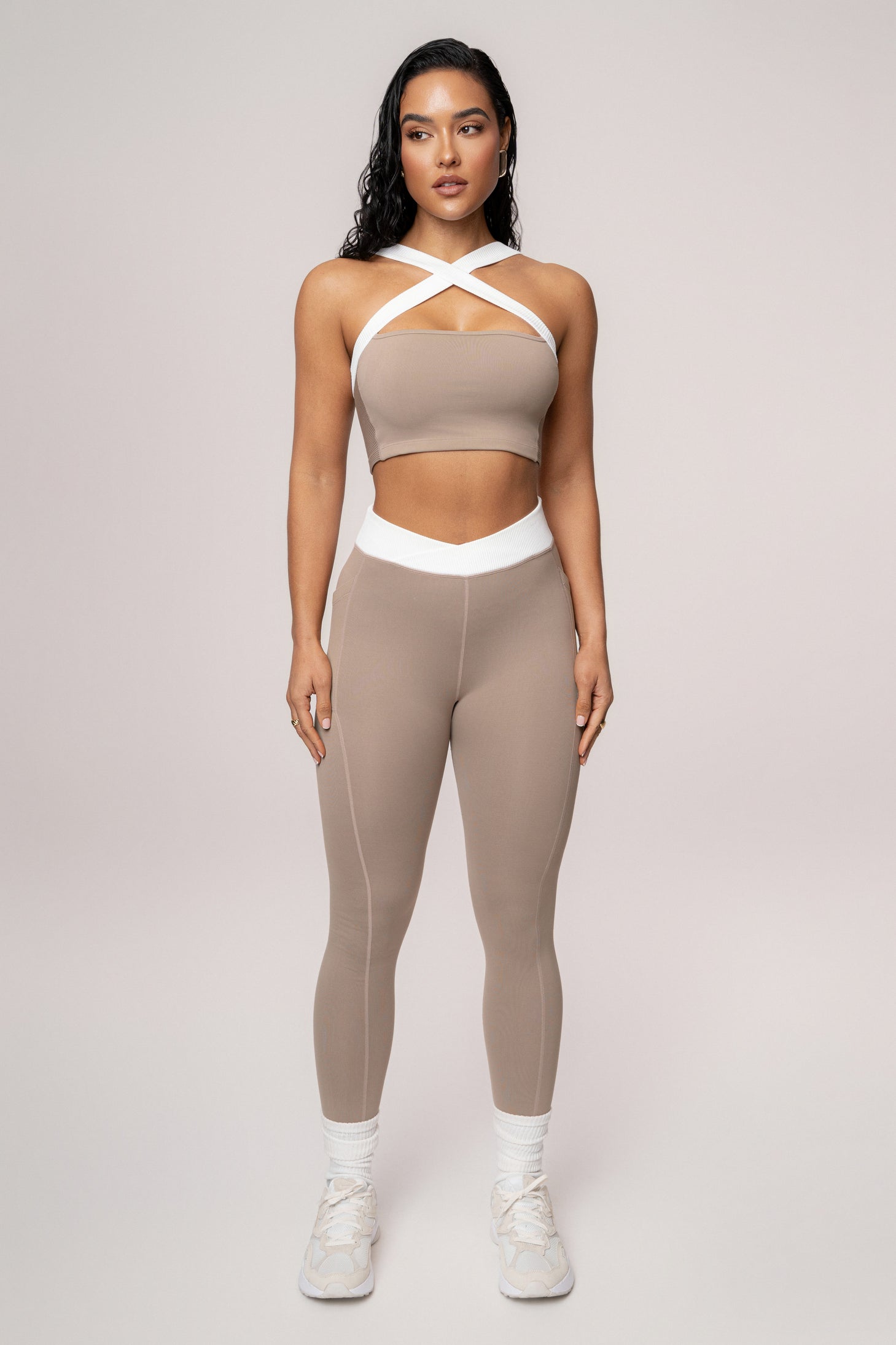 Beige/White Ultimate Ribbed Halter Top - JLUXLABEL