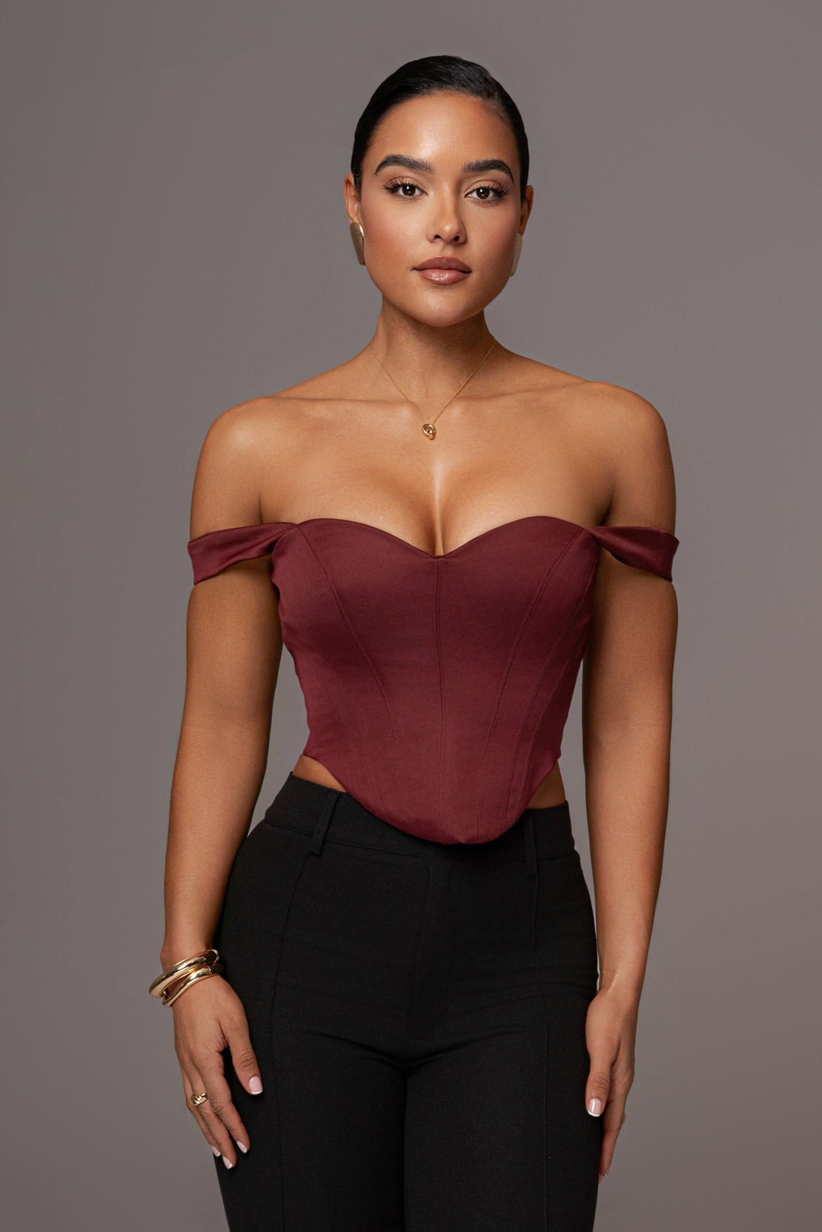 Burgundy Nickie lace-back top by JLUXLABEL, featuring a stylish lace detail and fitted design, perfect for casual or dressy occasions.