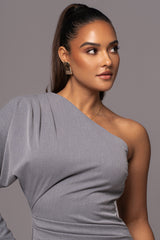 Grey Racheal One Shoulder Midi Dress - JLUXLABEL