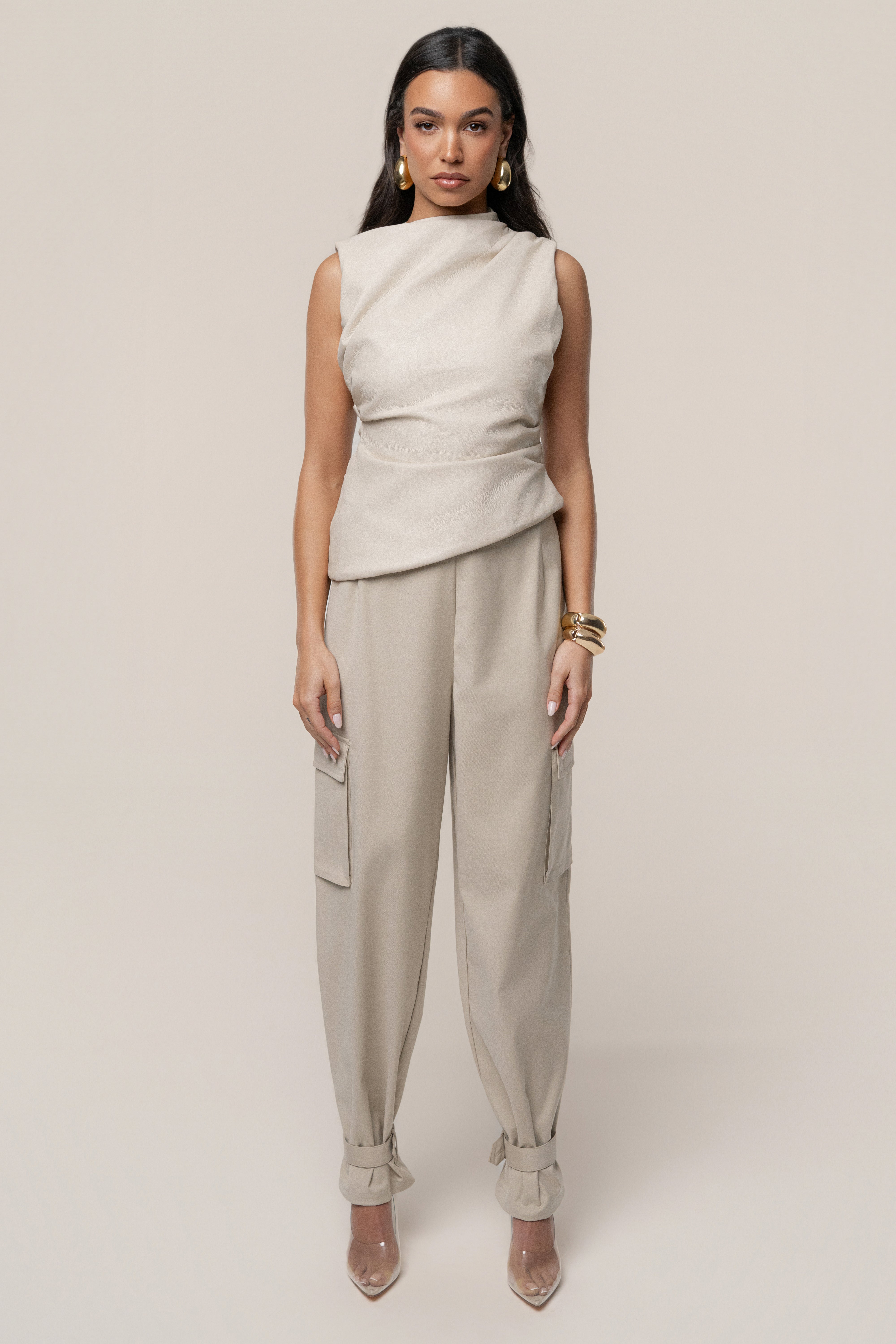 Beige Sleeveless Mock Neck Top