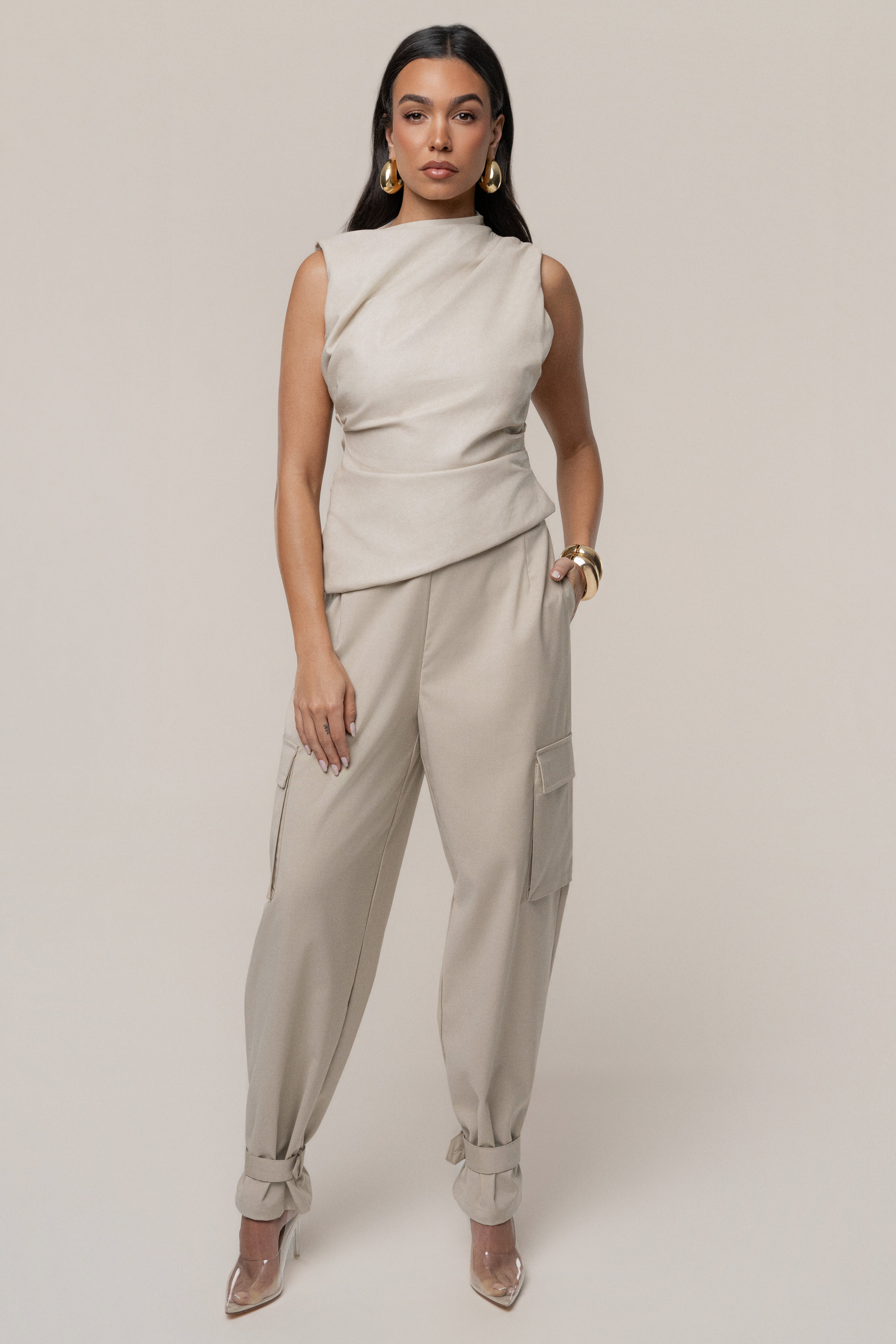 Beige Sleeveless Mock Neck Top