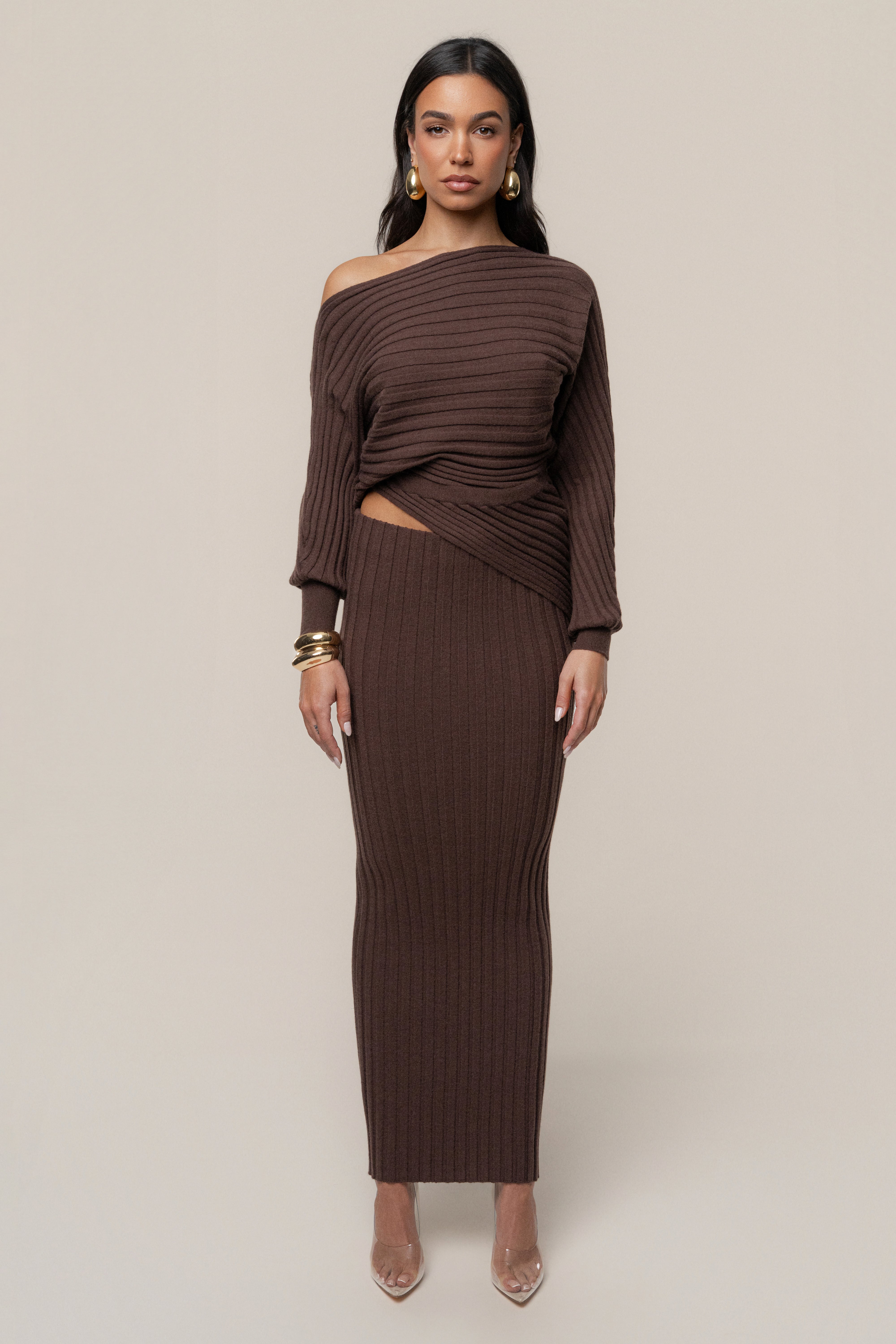Brown Clarity Ribbed Skirt Set - JLUXLABEL