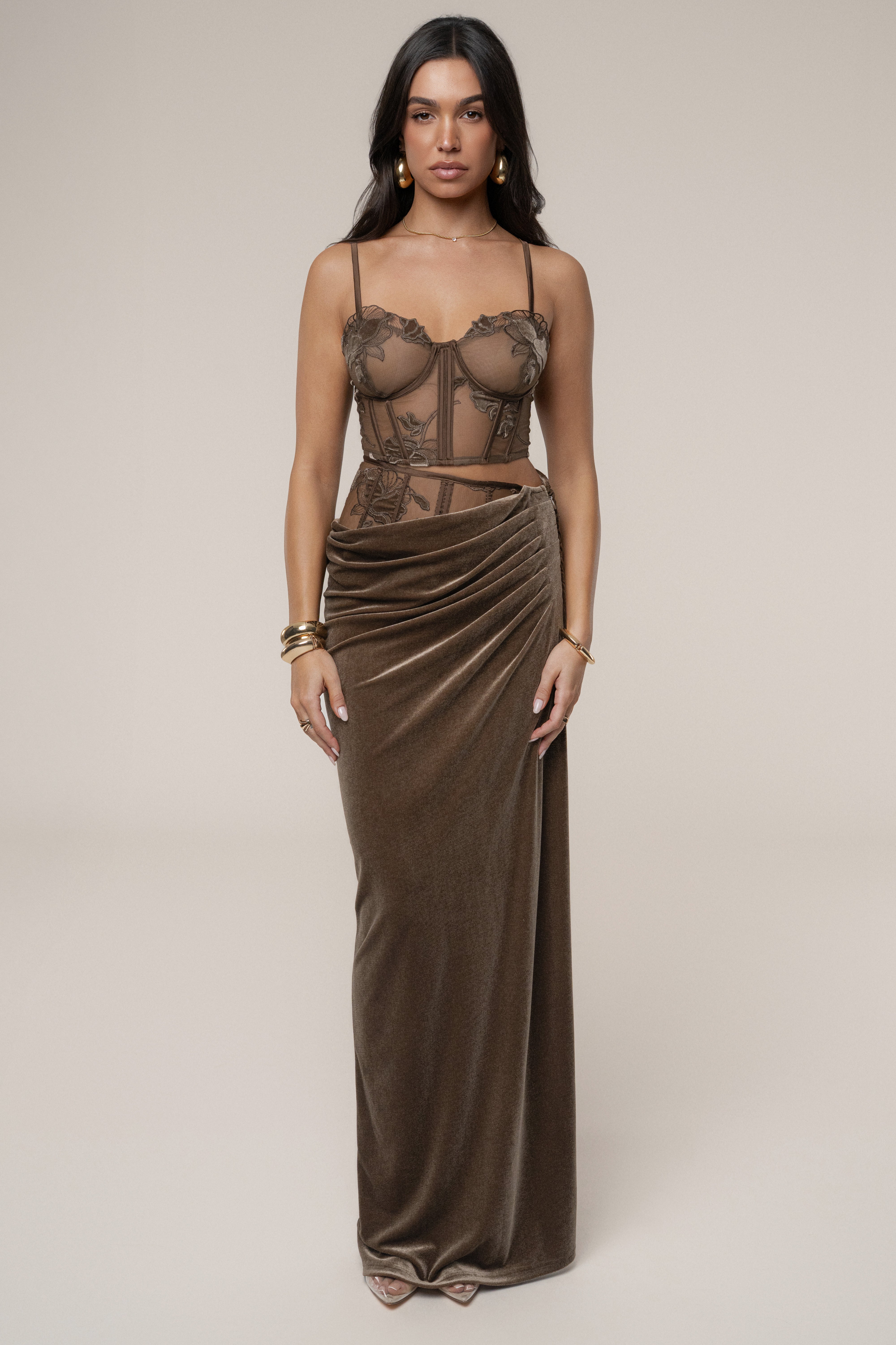 Dark Taupe Velvet And Lace Maxi Skirt - JLUXLABEL