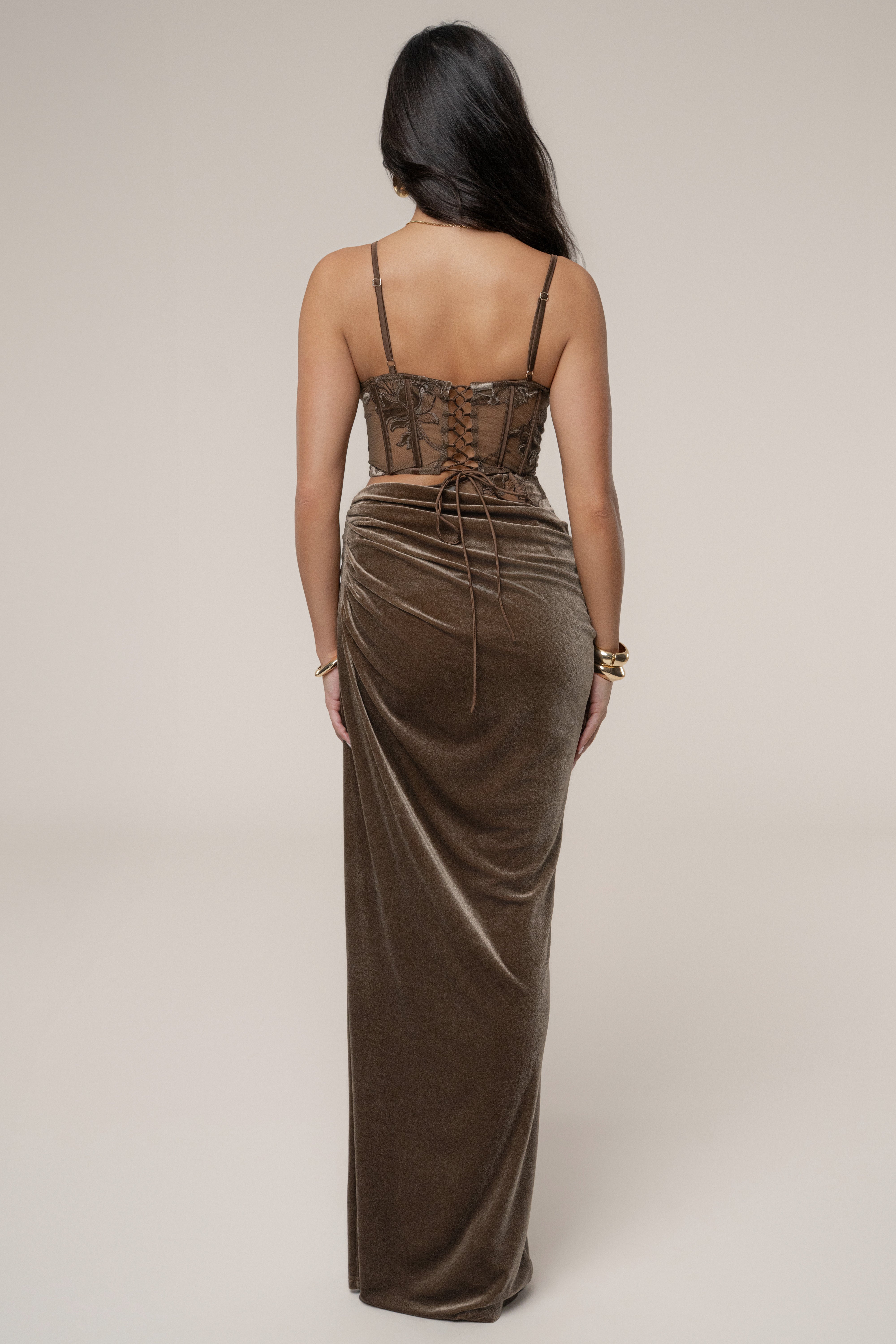Dark Taupe Velvet And Lace Maxi Skirt