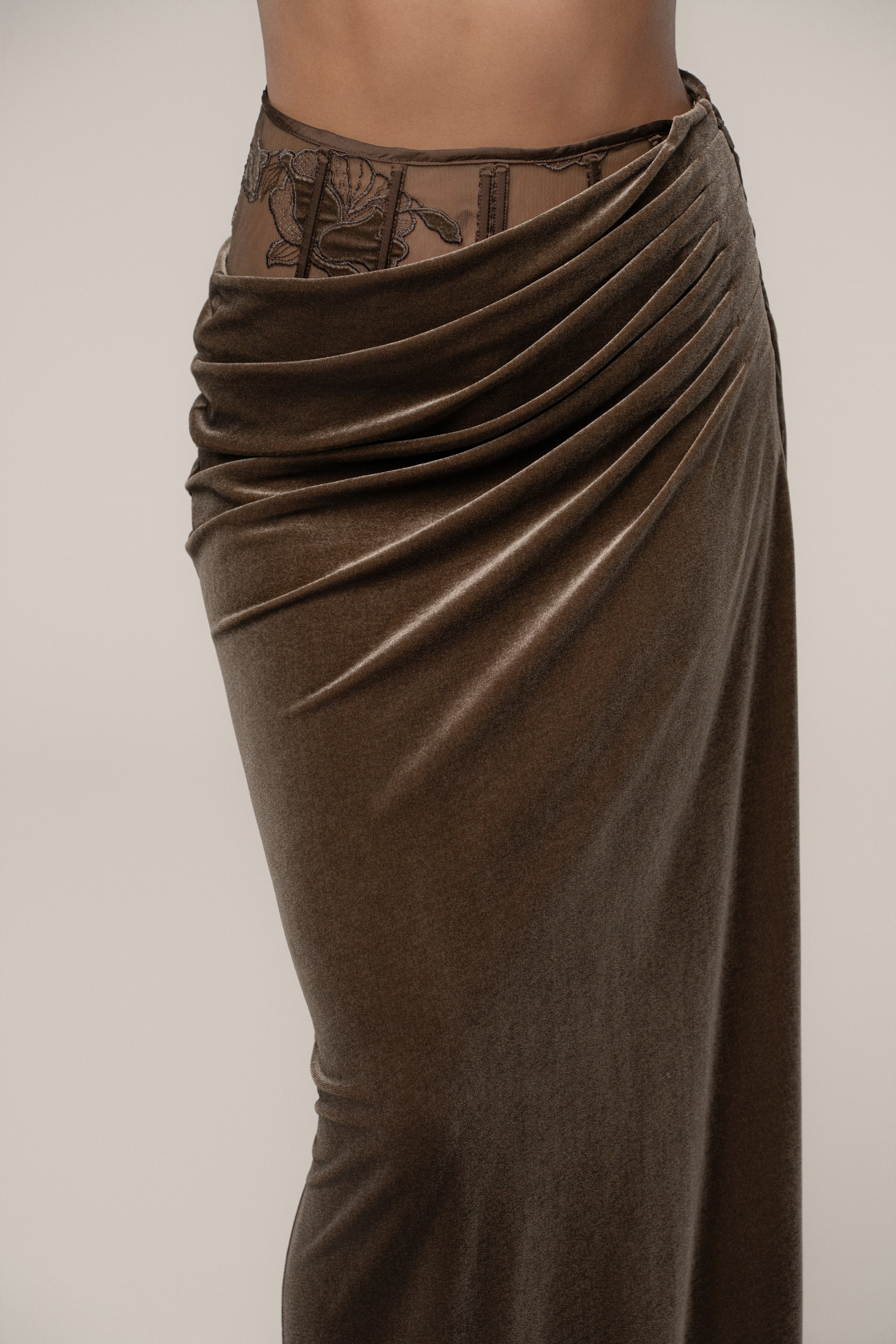 Dark Taupe Velvet And Lace Maxi Skirt