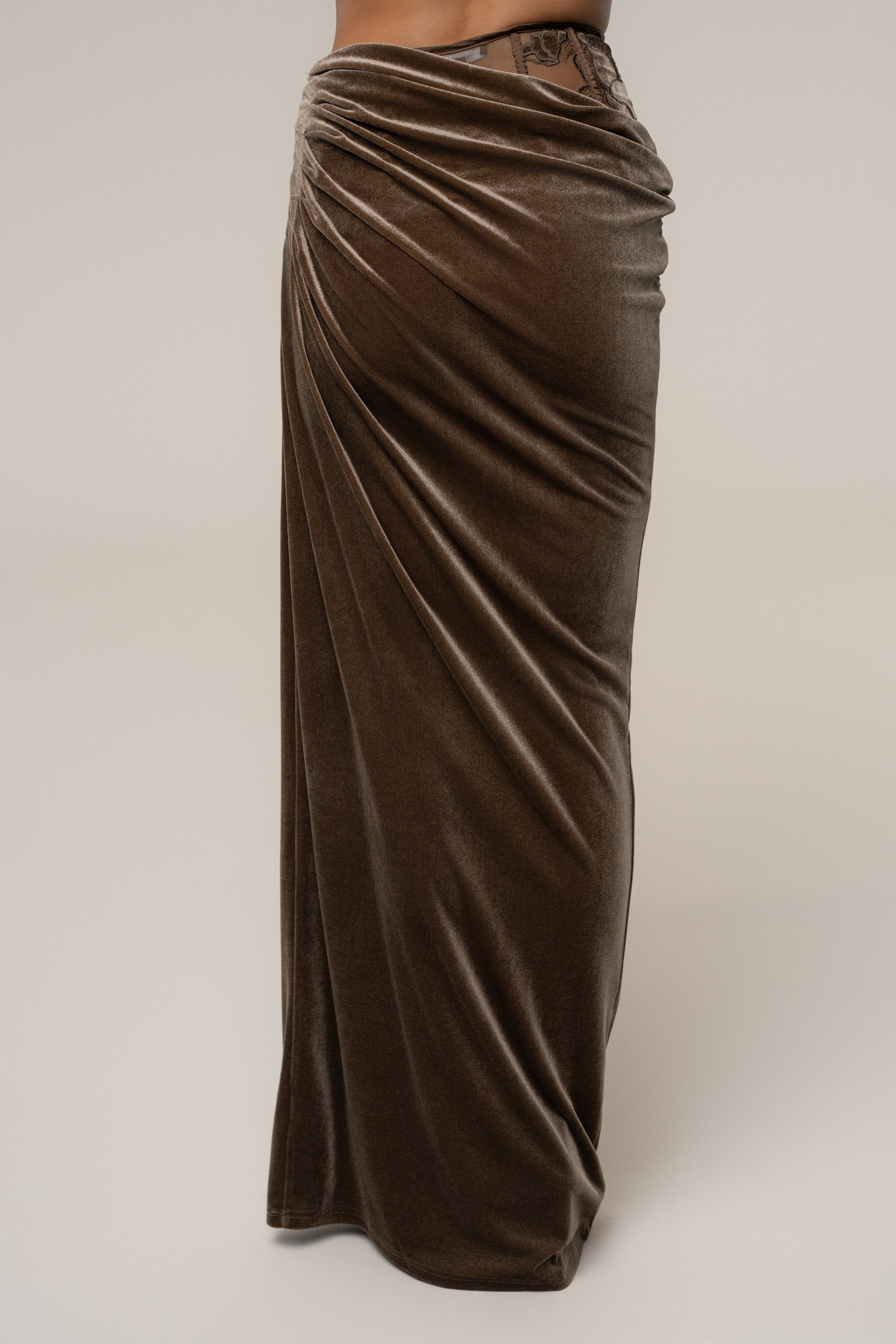 Dark Taupe Velvet And Lace Maxi Skirt