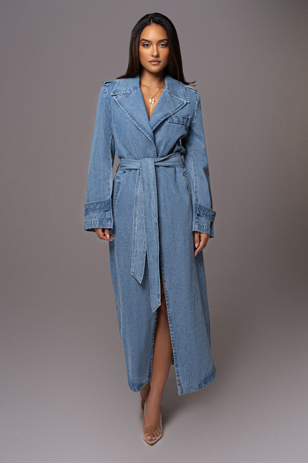 Medium Wash Savannah Belted Denim Coat - JLUXLABEL