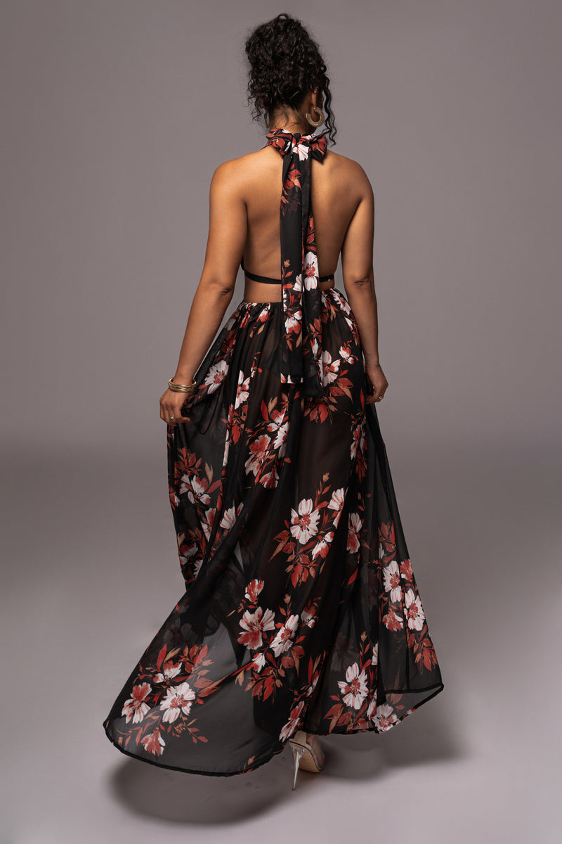 Red Floral Nicoletta Chiffon Maxi Dress - JLUXLABEL