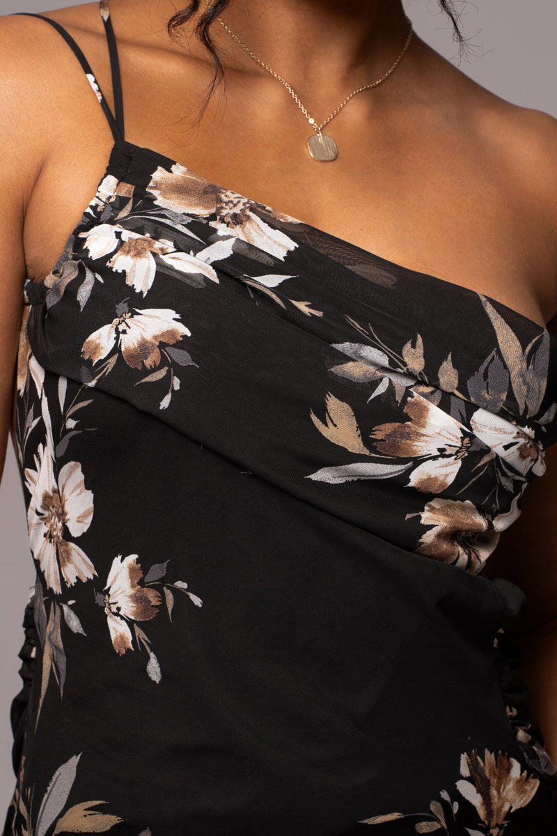 Grey Floral Treasure One Shoulder Dress | JLUXLABEL