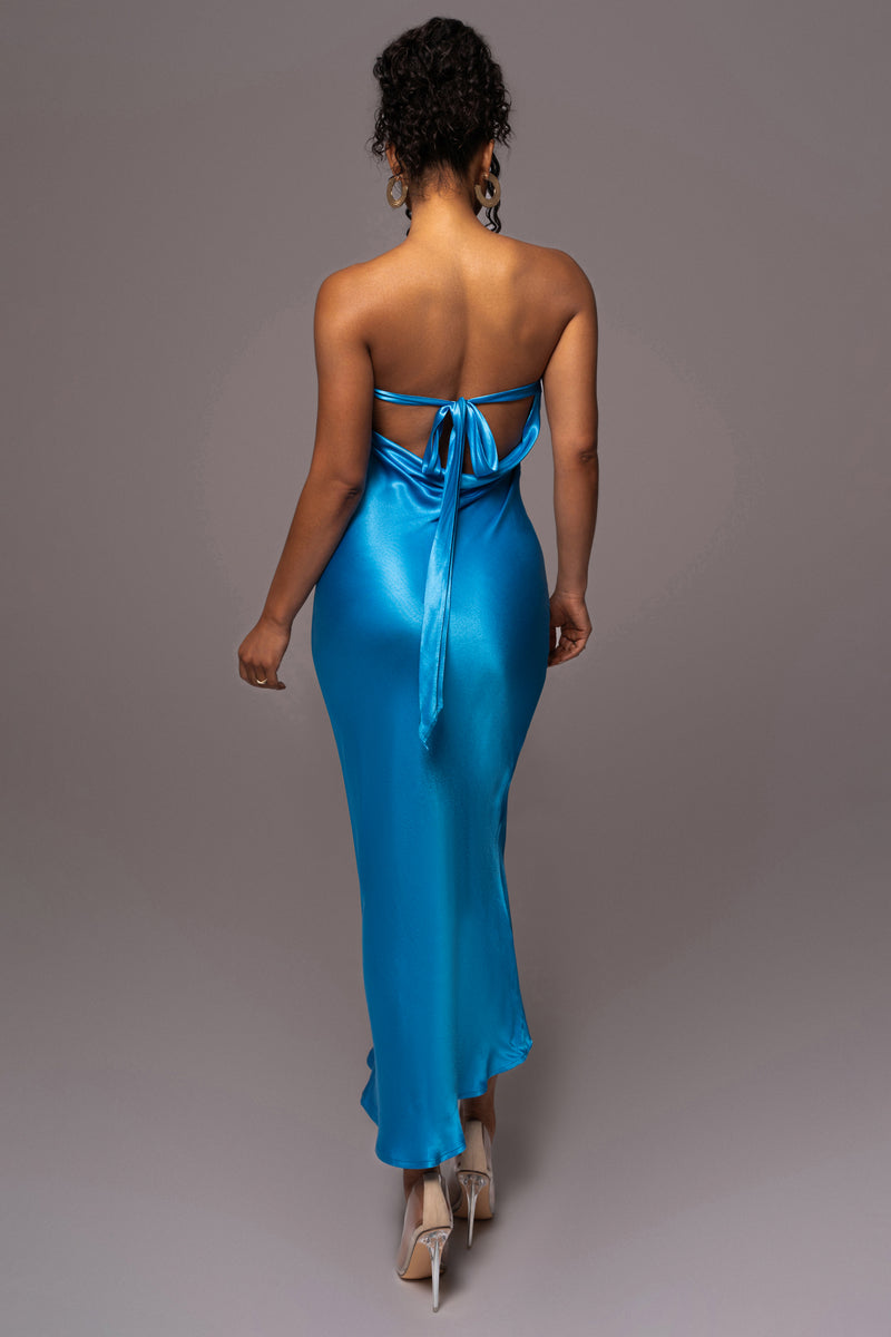 Blue Irina Satin Strapless Maxi Dress - JLUXLABEL