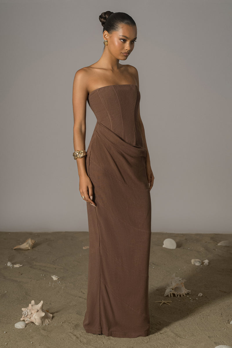 Chocolate Journey Linen Maxi Dress