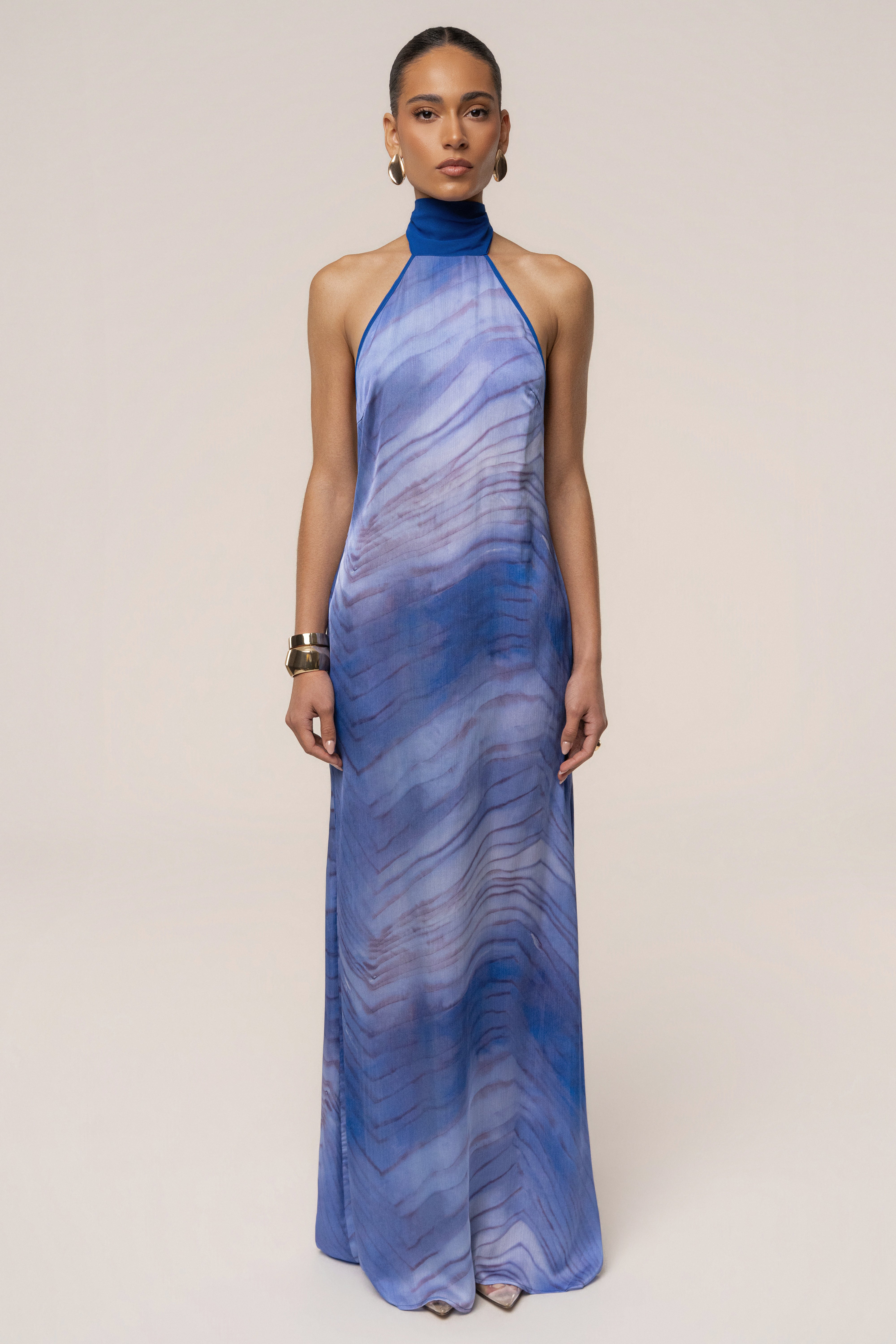 Blue Sunset Waves maxi dress by JLUXLABEL featuring a flowing design with a vibrant wave pattern perfect for summer wear.