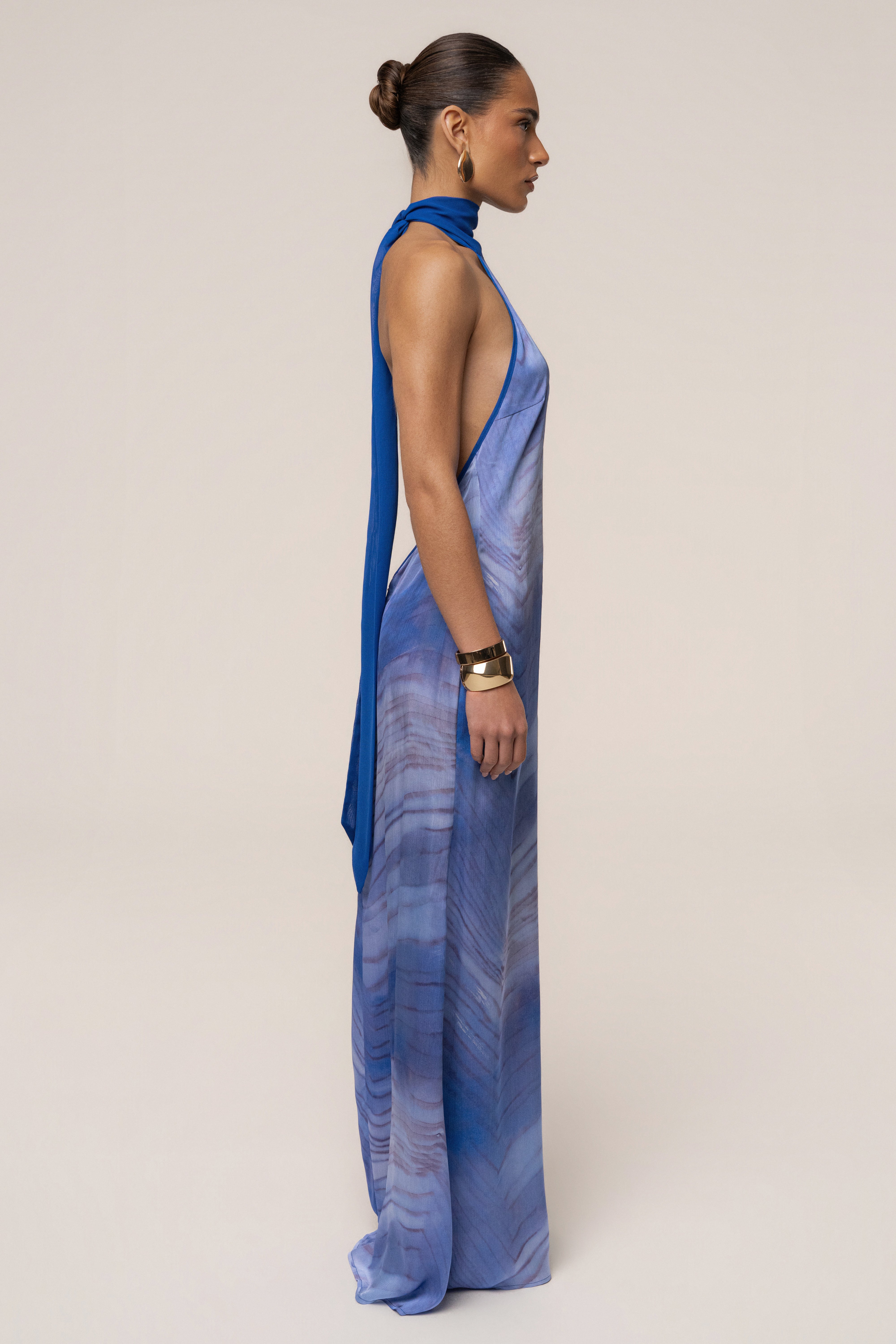 Blue Sunset Waves maxi dress by JLUXLABEL featuring flowy fabric and a vibrant wave-inspired pattern for a stylish summer look.