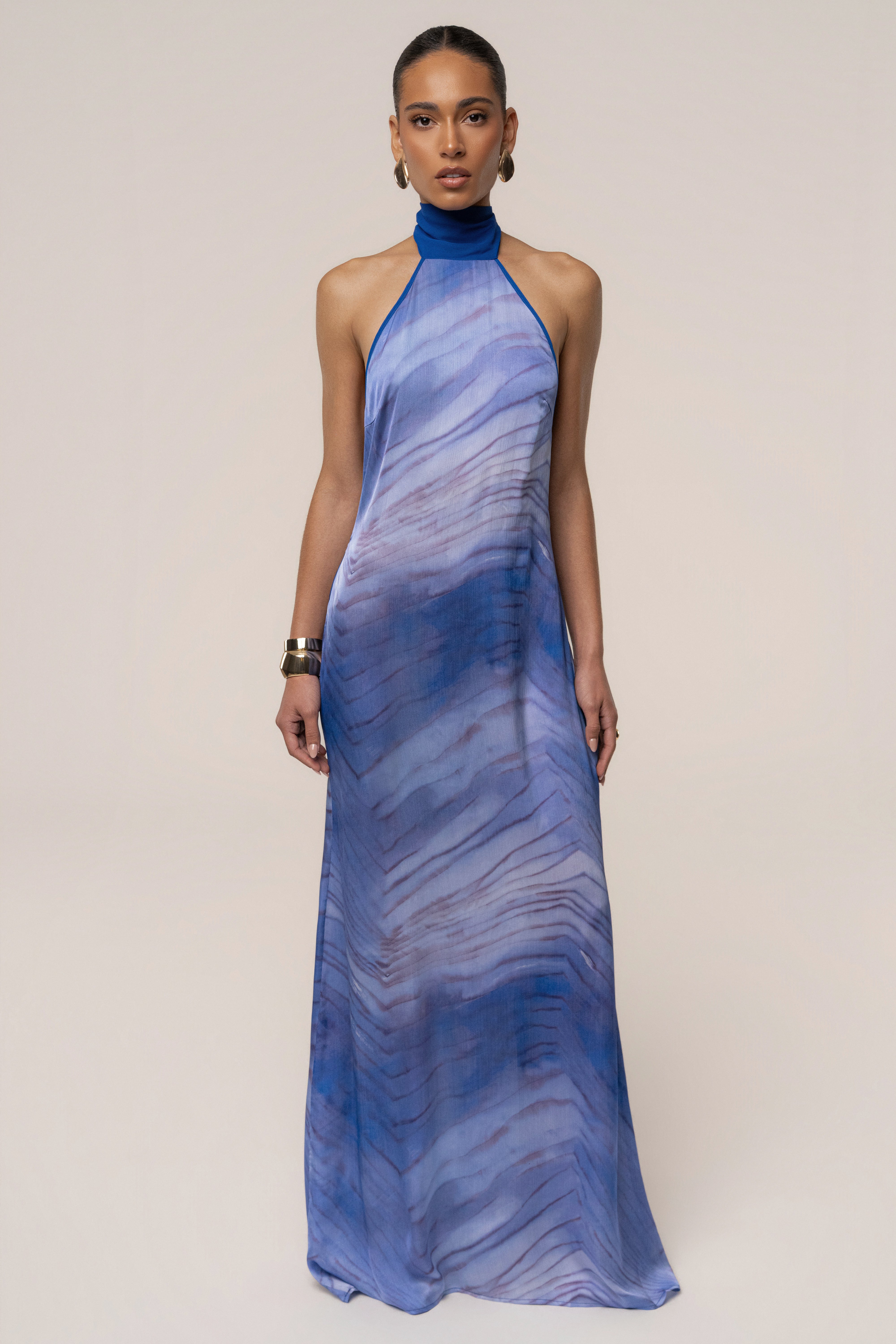 Blue Sunset Waves maxi dress by JLUXLABEL featuring a flowing design with vibrant wave patterns and a stylish, elegant silhouette.