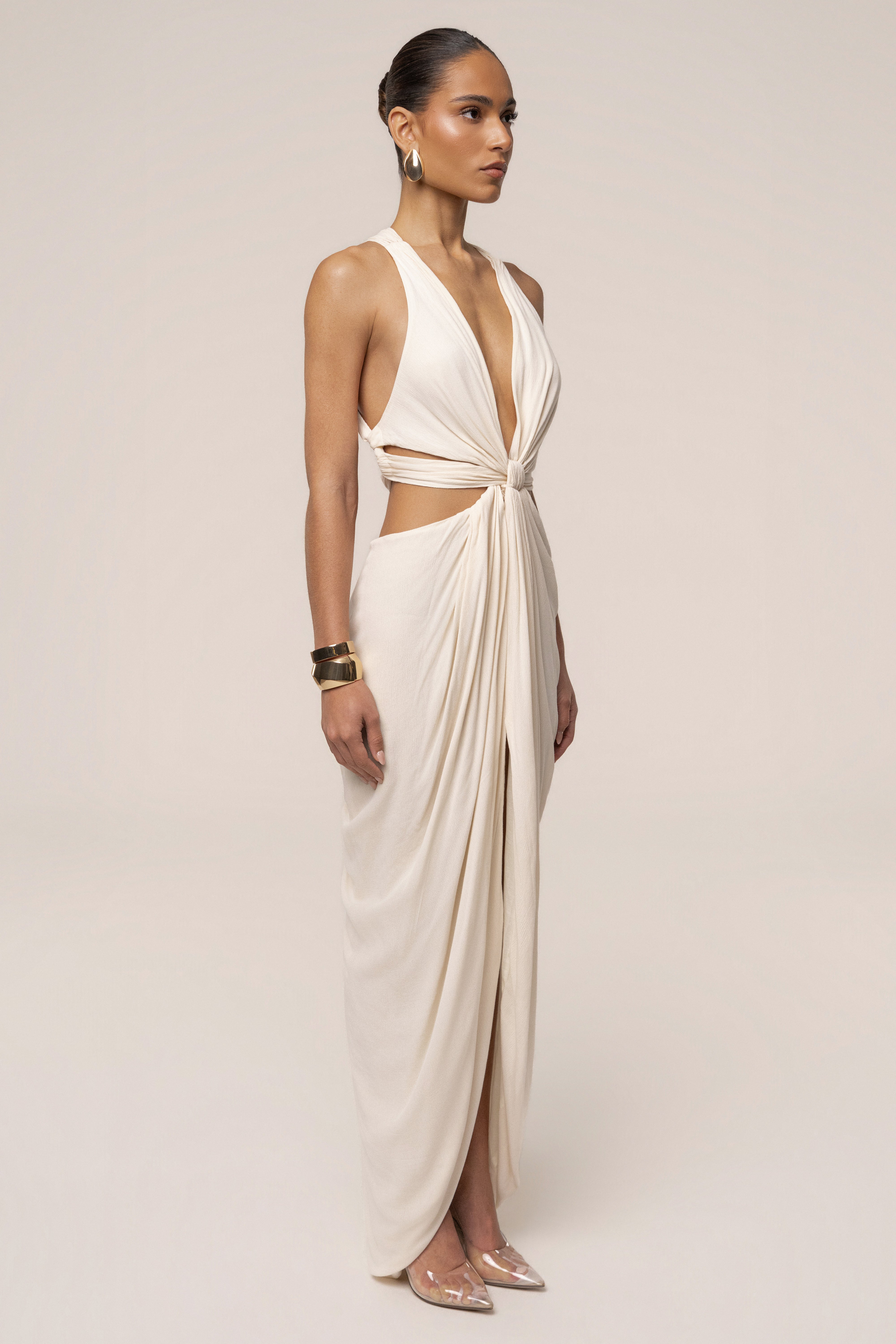 Cream Warm Sunsets maxi dress by JLUXLABEL featuring flowing fabric and a relaxed fit, perfect for summer occasions.
