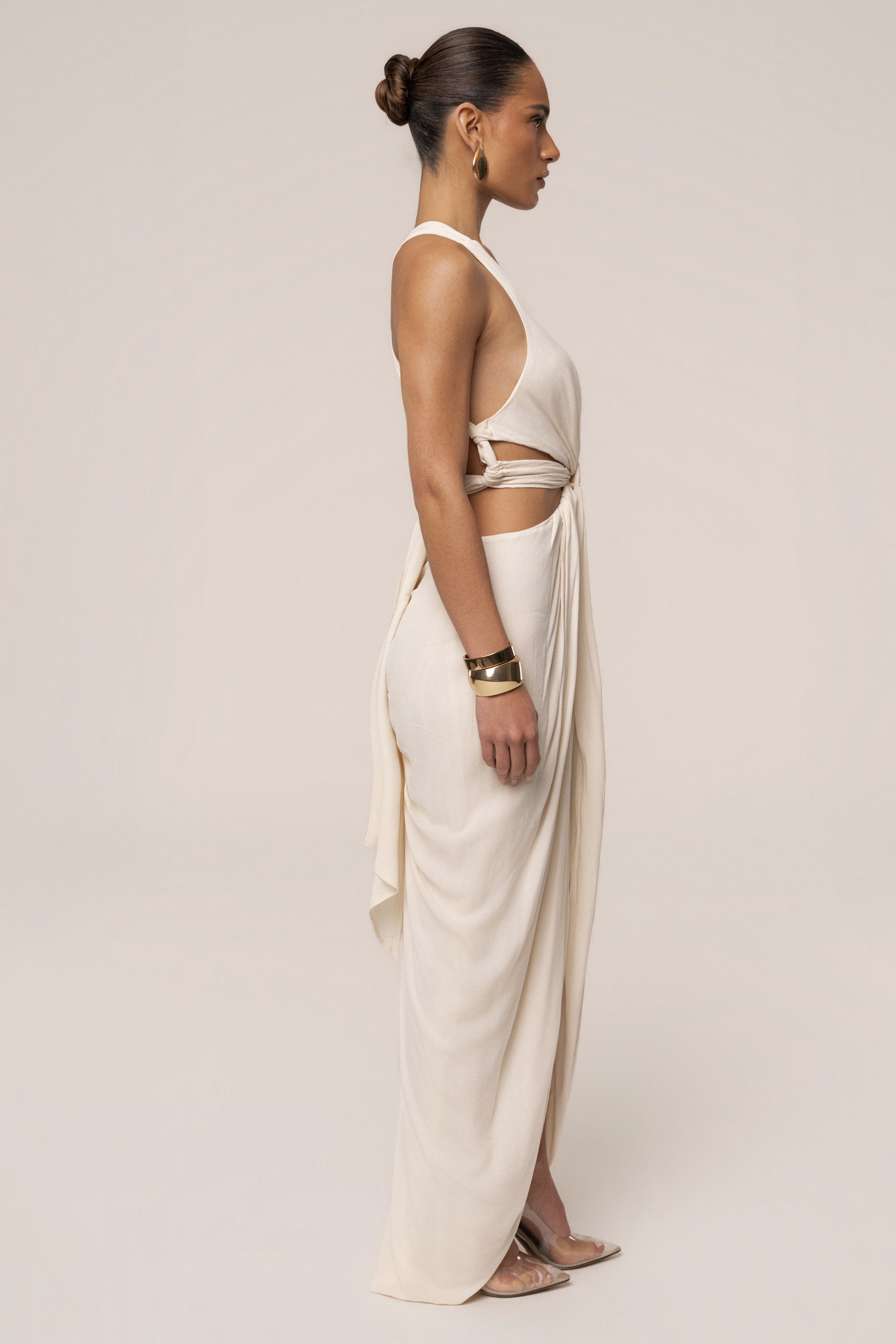 Cream Warm Sunsets maxi dress by JLUXLABEL featuring a flowing silhouette and sunset-inspired print, perfect for summer occasions.