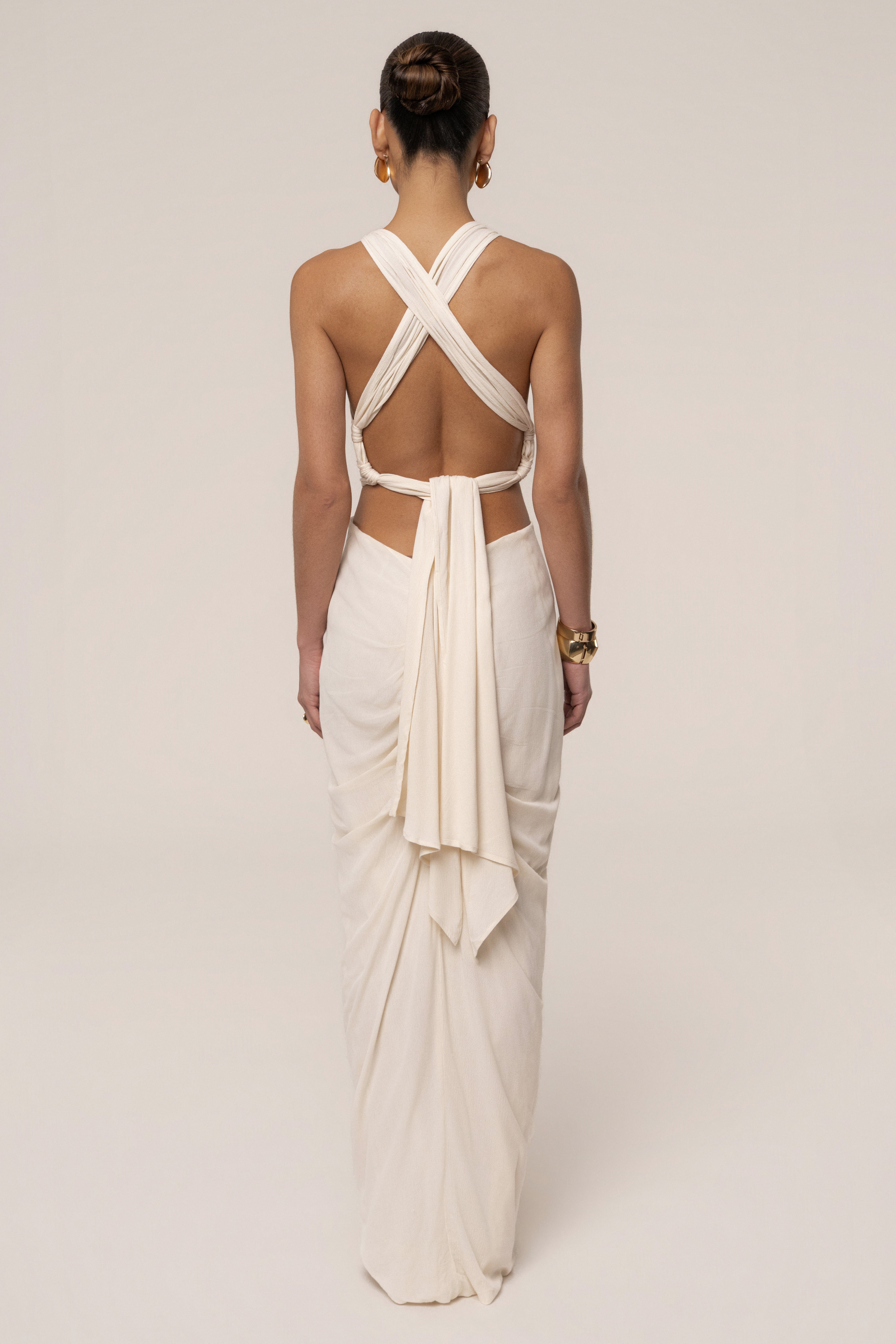 Cream Warm Sunsets Maxi Dress by JLUXLABEL, flowing fabric with a flattering silhouette and sunset-inspired color palette.