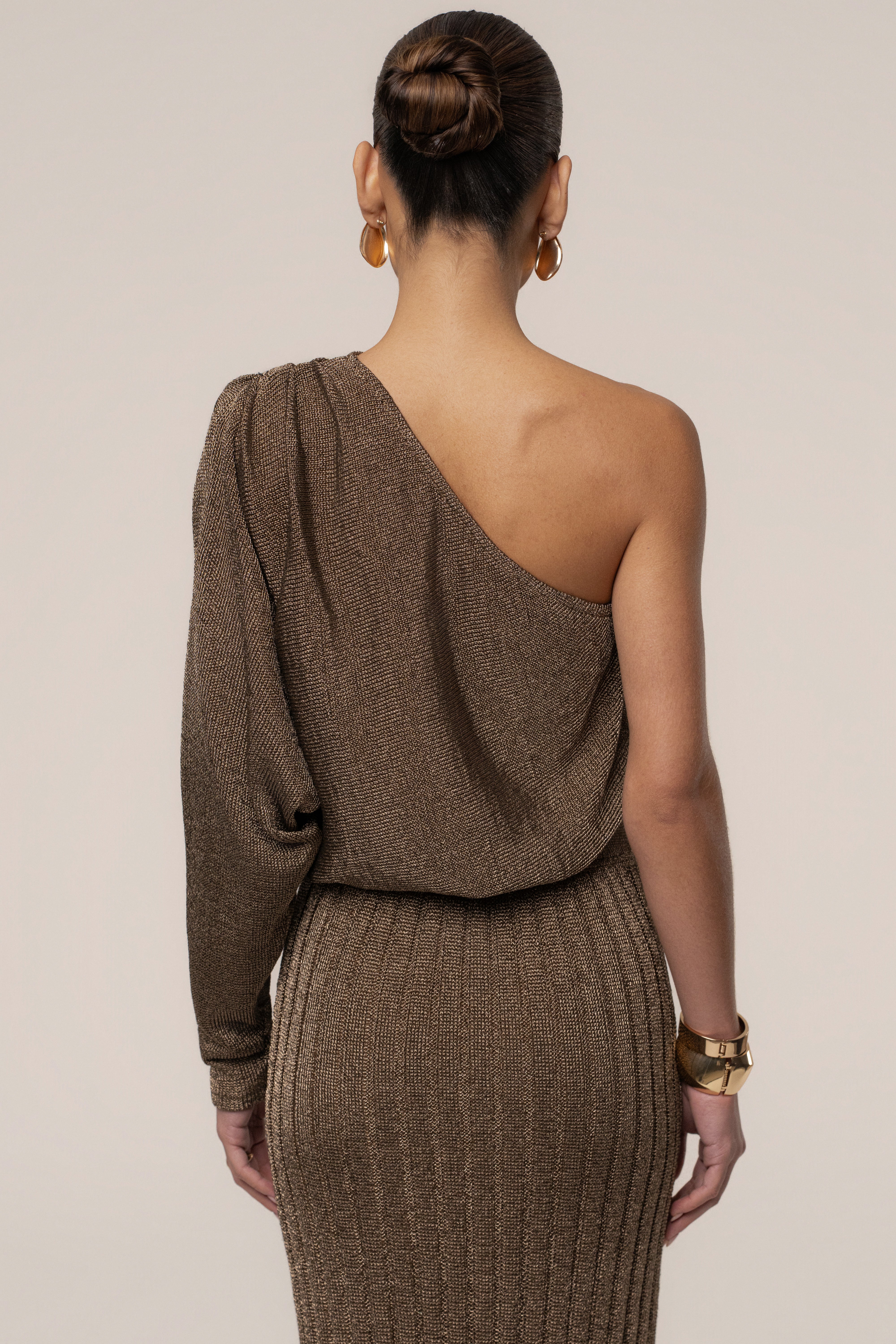 Bronze metallic bodysuit from JLUXLABEL, stylish resort tops with a shiny, metallic finish and fitted design.