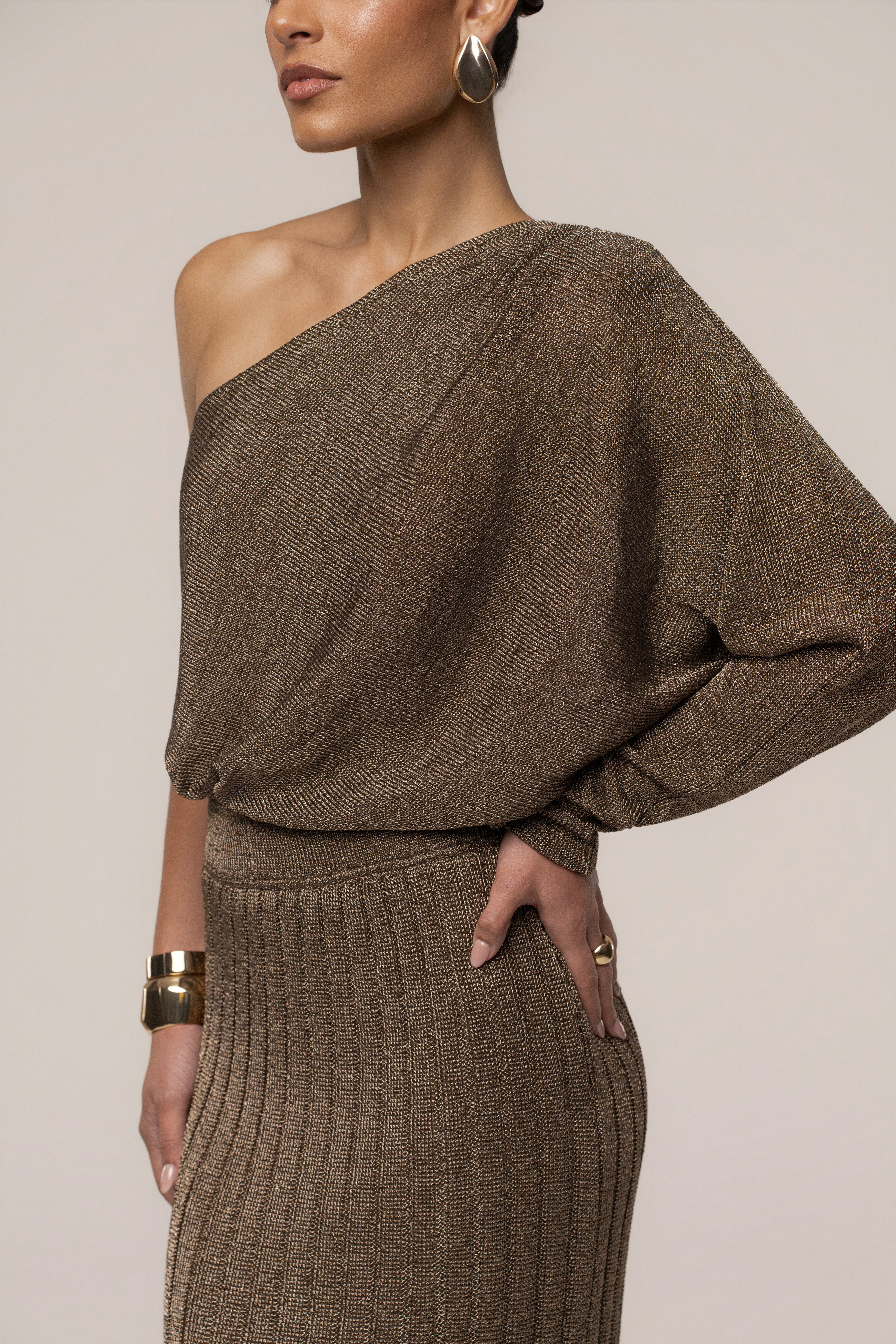 Bronze metallic bodysuit from JLUXLABEL, stylish resort tops with a shiny, metallic finish and fitted design.