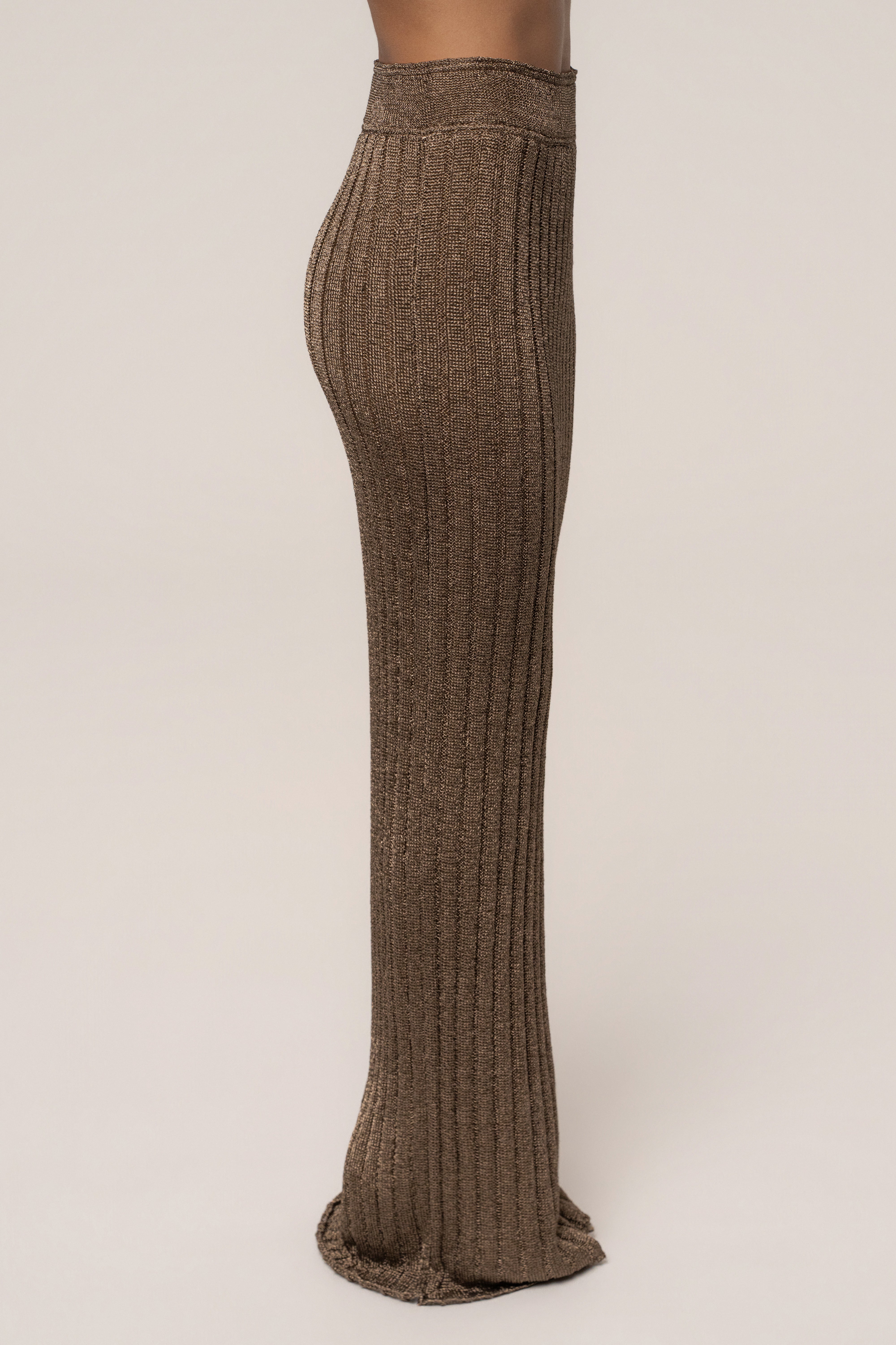 Bronze metallic maxi skirt by JLUXLABEL featuring a flowing resort-inspired design and elegant bottom style.