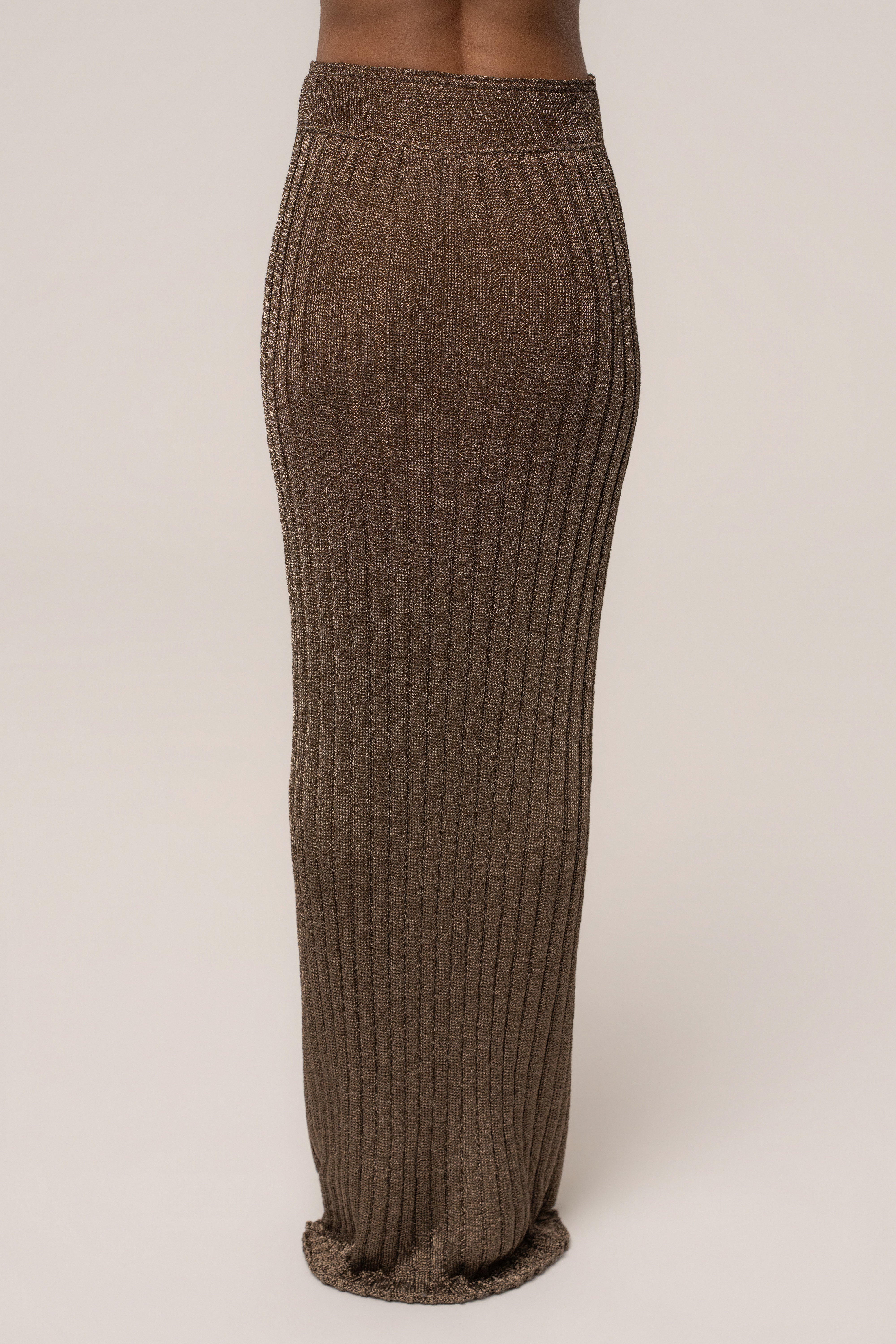 Bronze metallic maxi skirt from JLUXLABEL with a flowing design, perfect for resort and summer occasions.