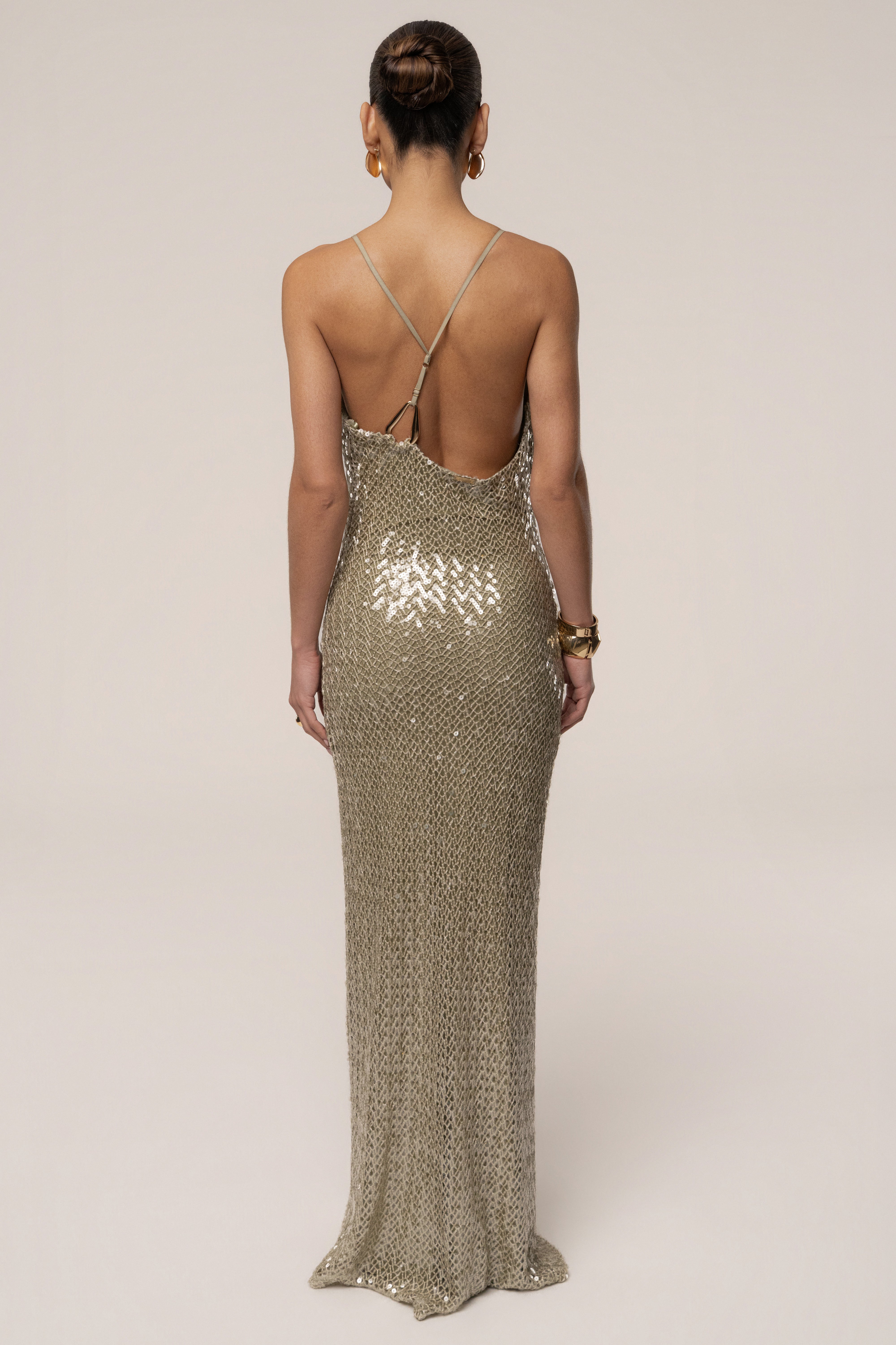 Sage Marisela sequin maxi dress by JLUXLABEL featuring a flowing silhouette and shimmering sequin details.