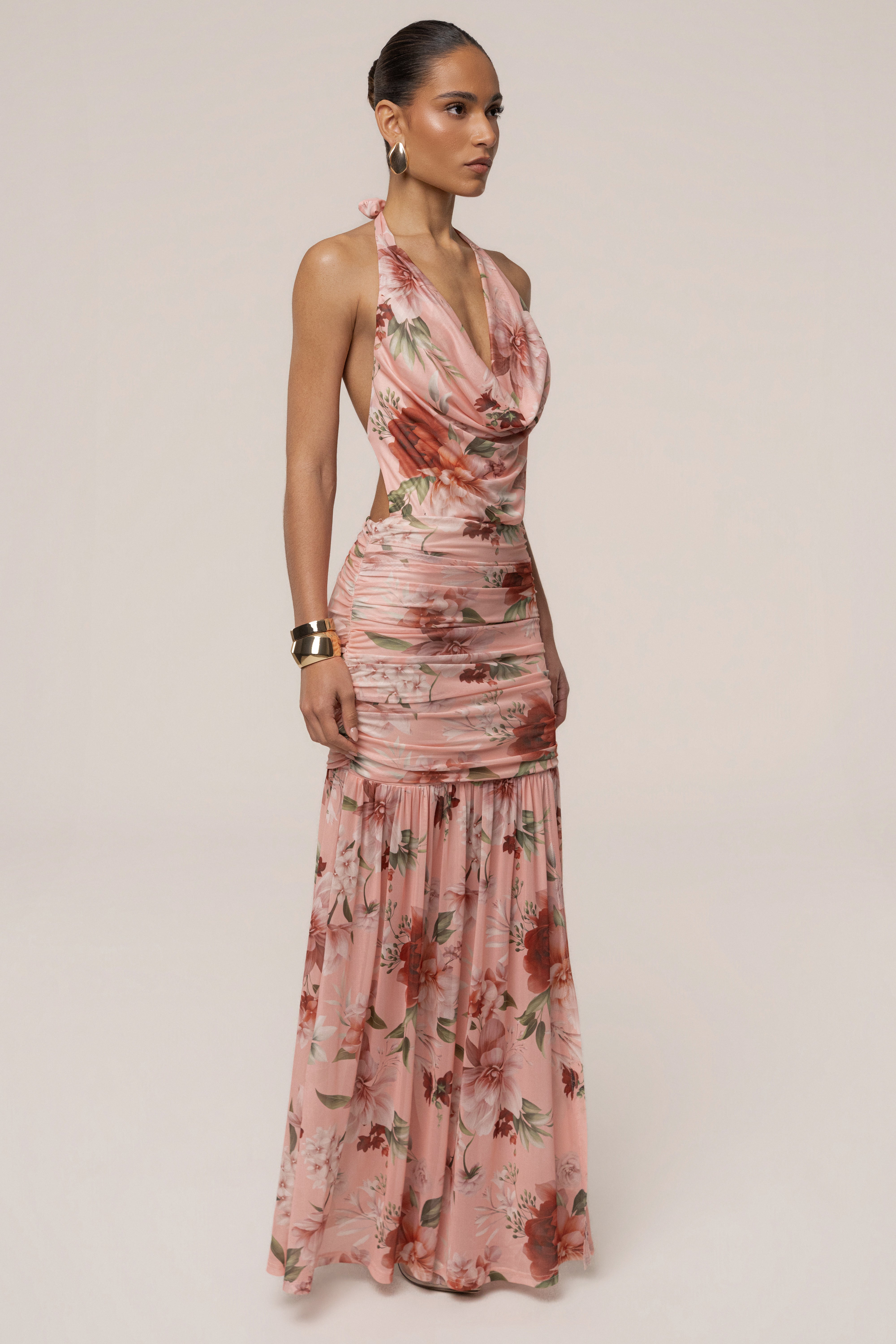 Pink Petals and Poetry maxi dress by JLUXLABEL, flowing floral dress with a fitted waist and elegant design.