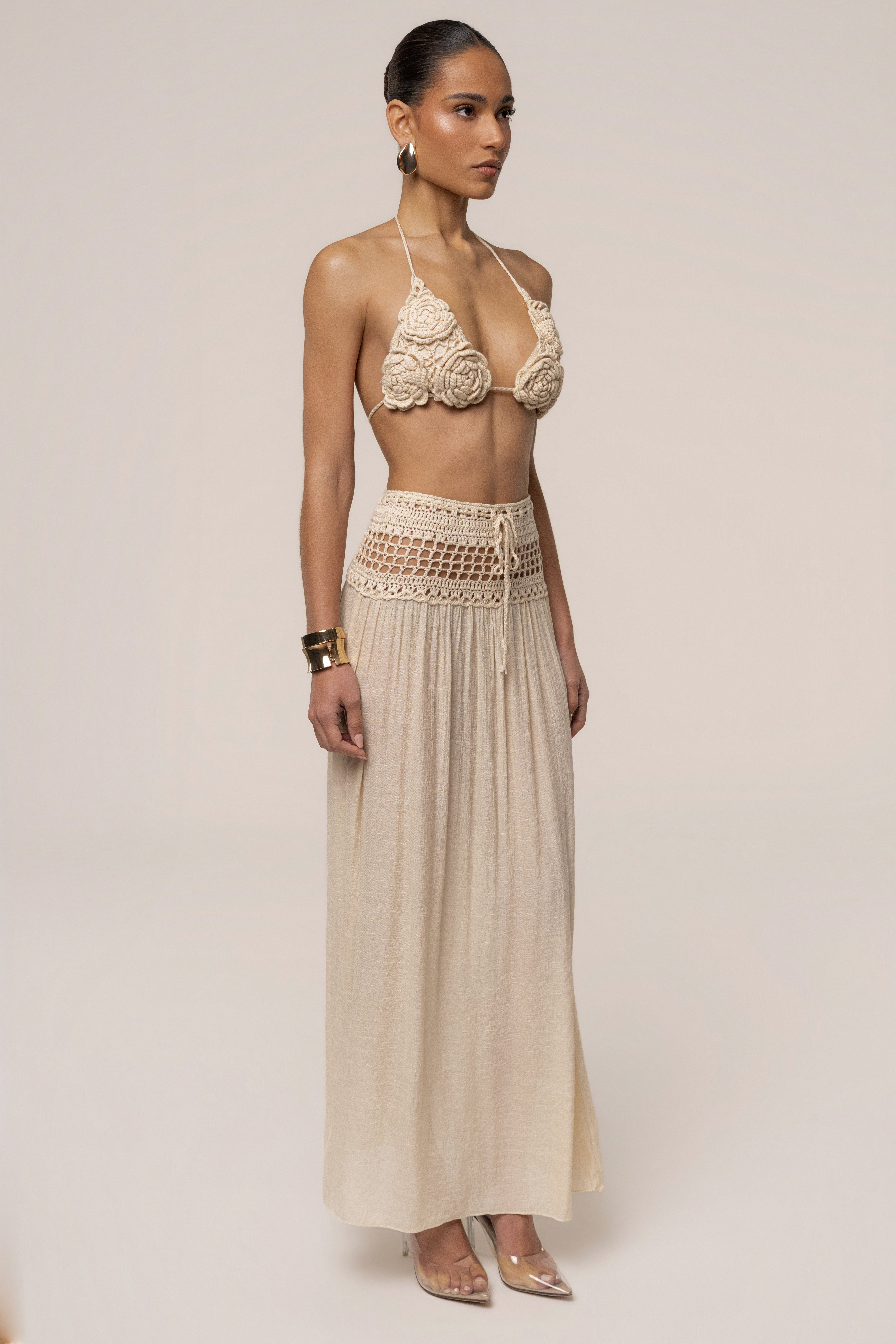 Beige resort crochet maxi skirt by JLUXLABEL, flowing boho style with intricate crochet details, perfect for summer beachwear.
