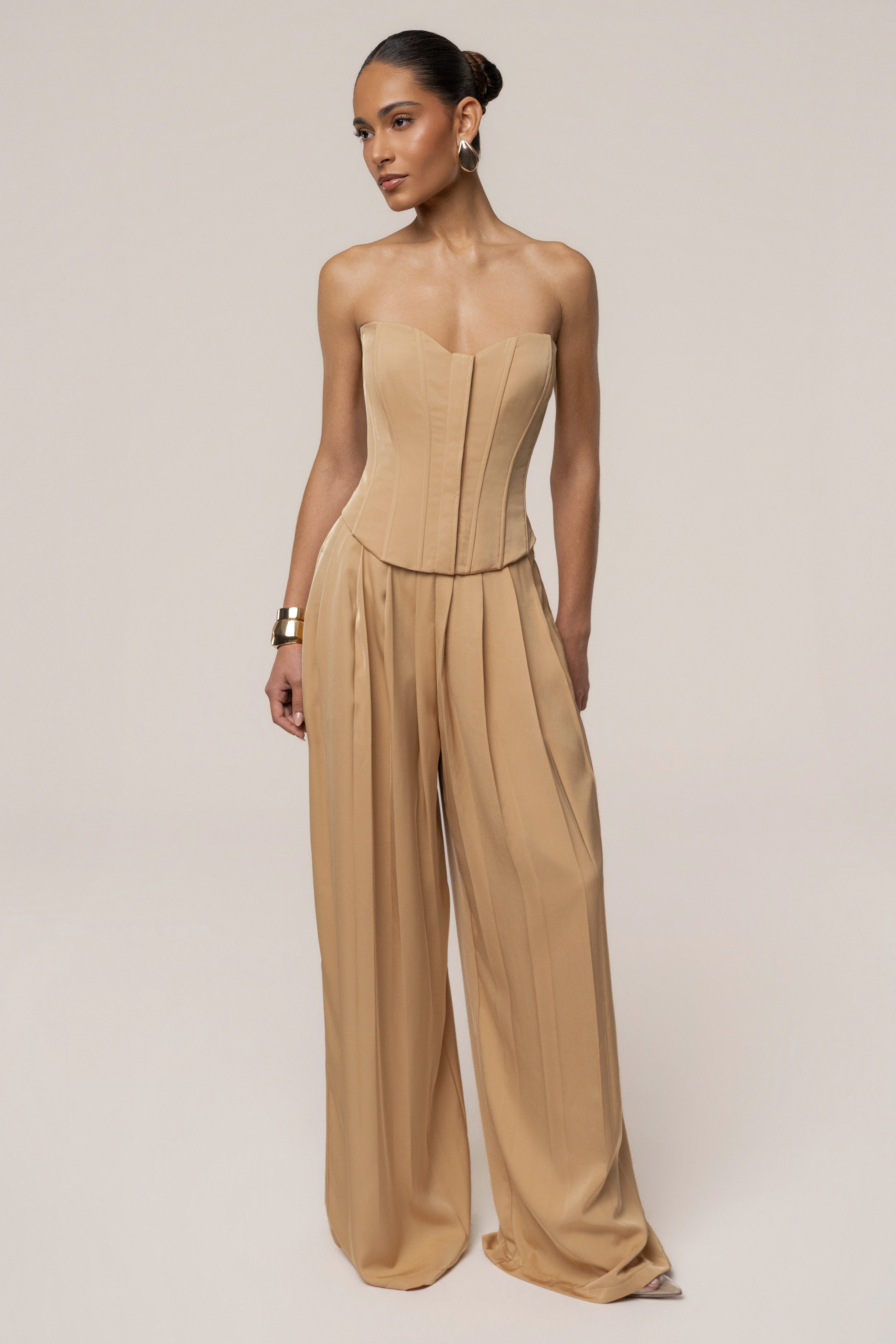 Beige Viv Satin Bustier Top by JLUXLABEL, stylish sleeveless top with a smooth satin finish and fitted design, perfect for chic outfits.