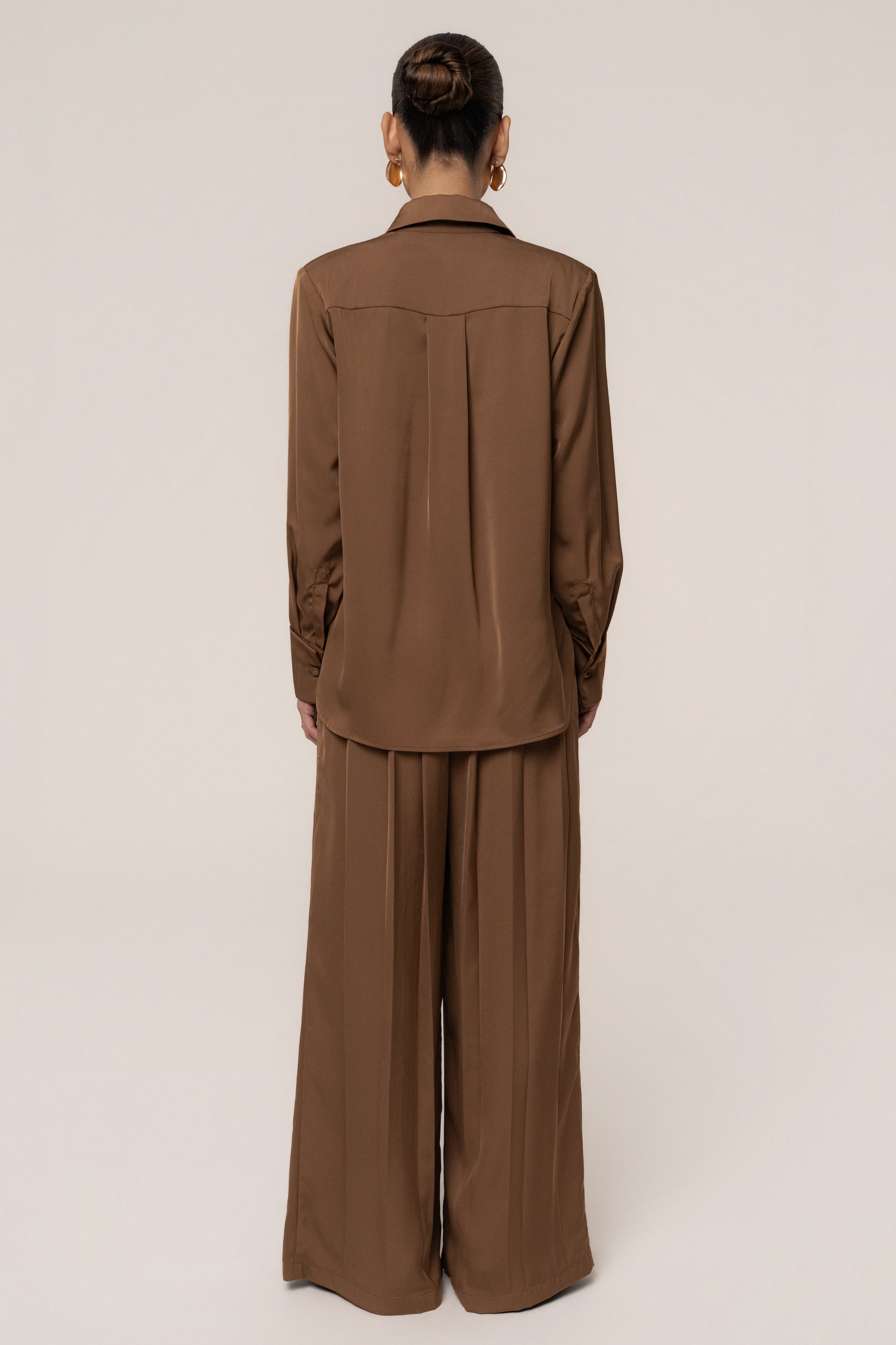 Brown Clara Wide Leg Pleated Trousers