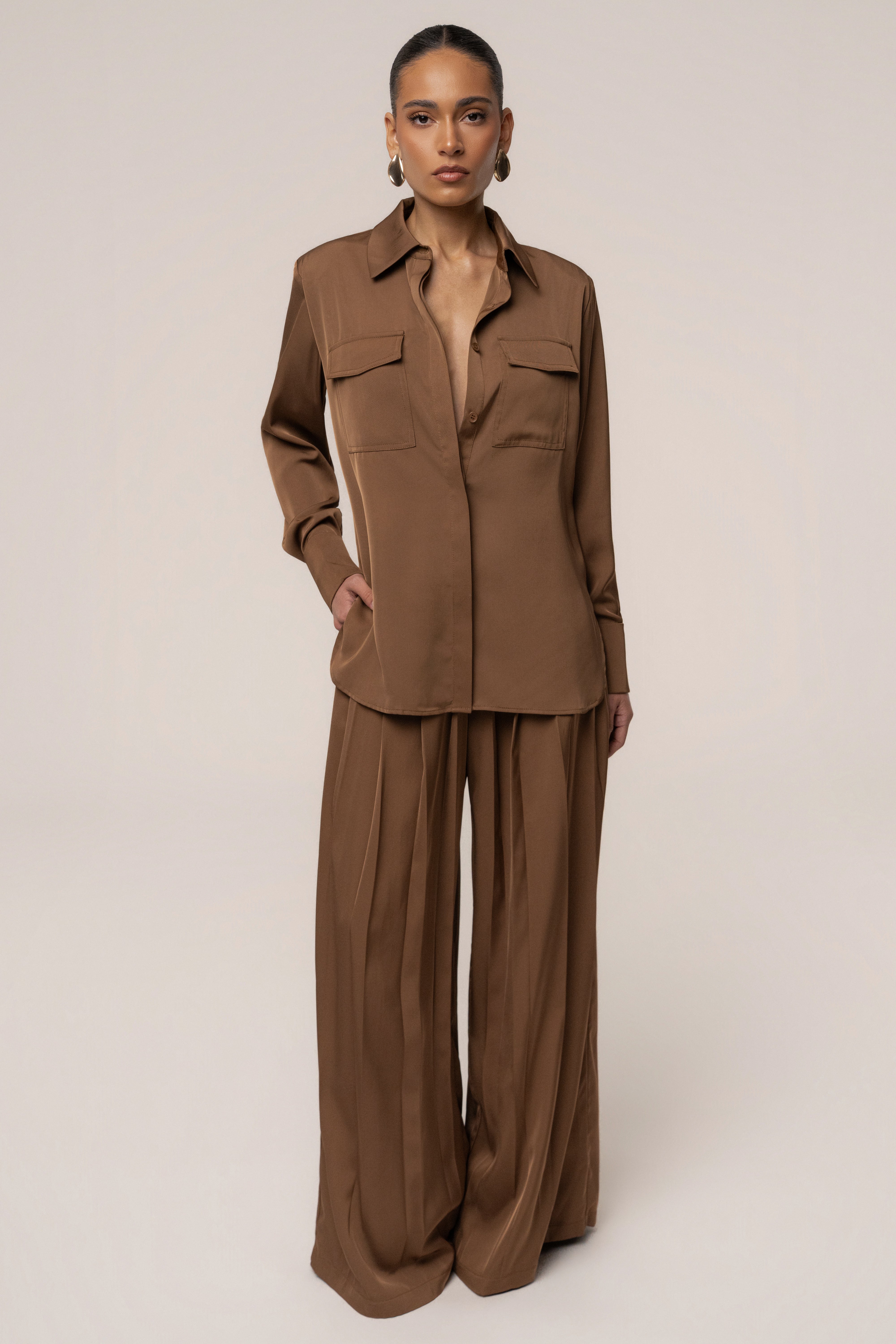 Brown Clara Wide Leg Pleated Trousers
