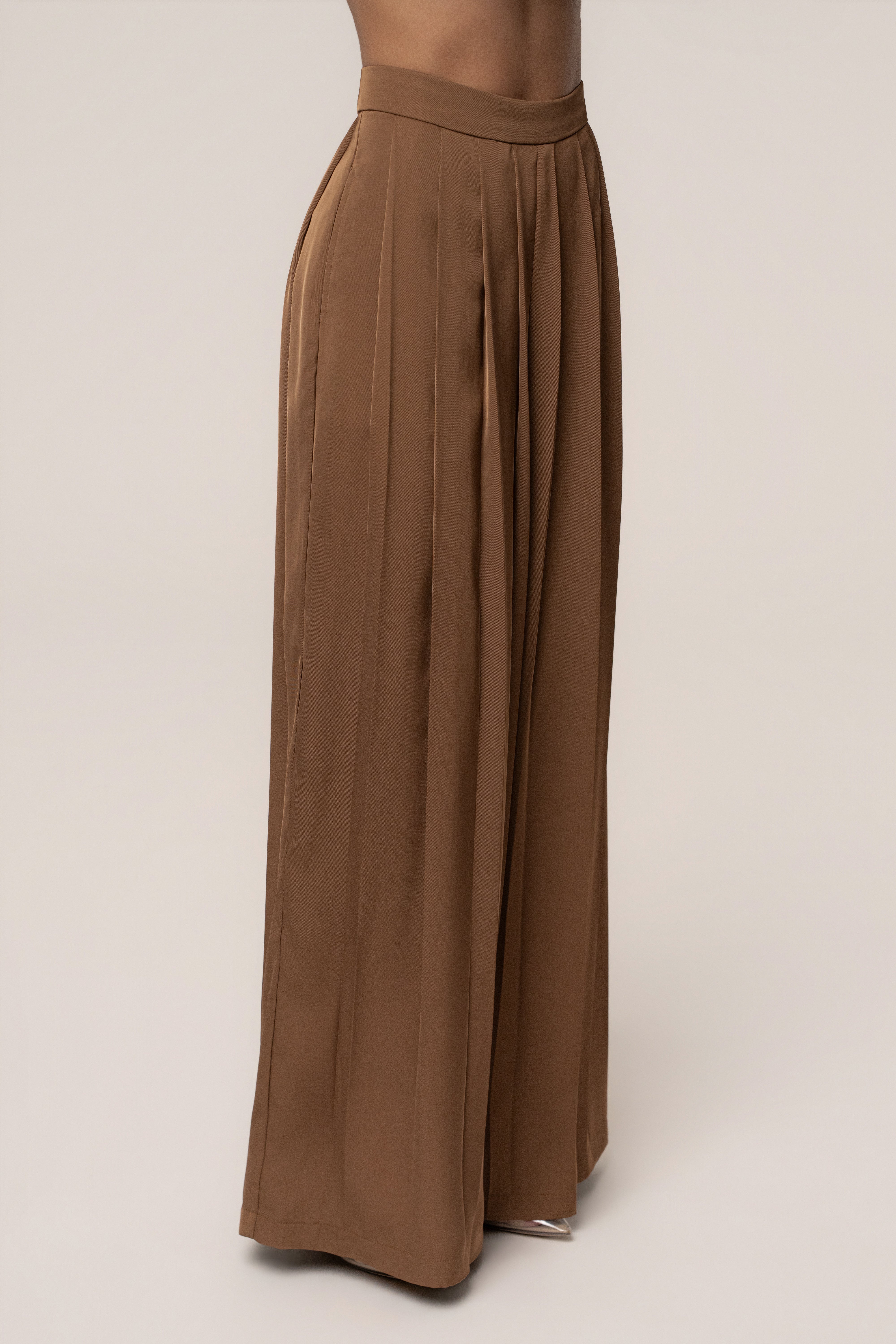 Brown Clara Wide Leg Pleated Trousers