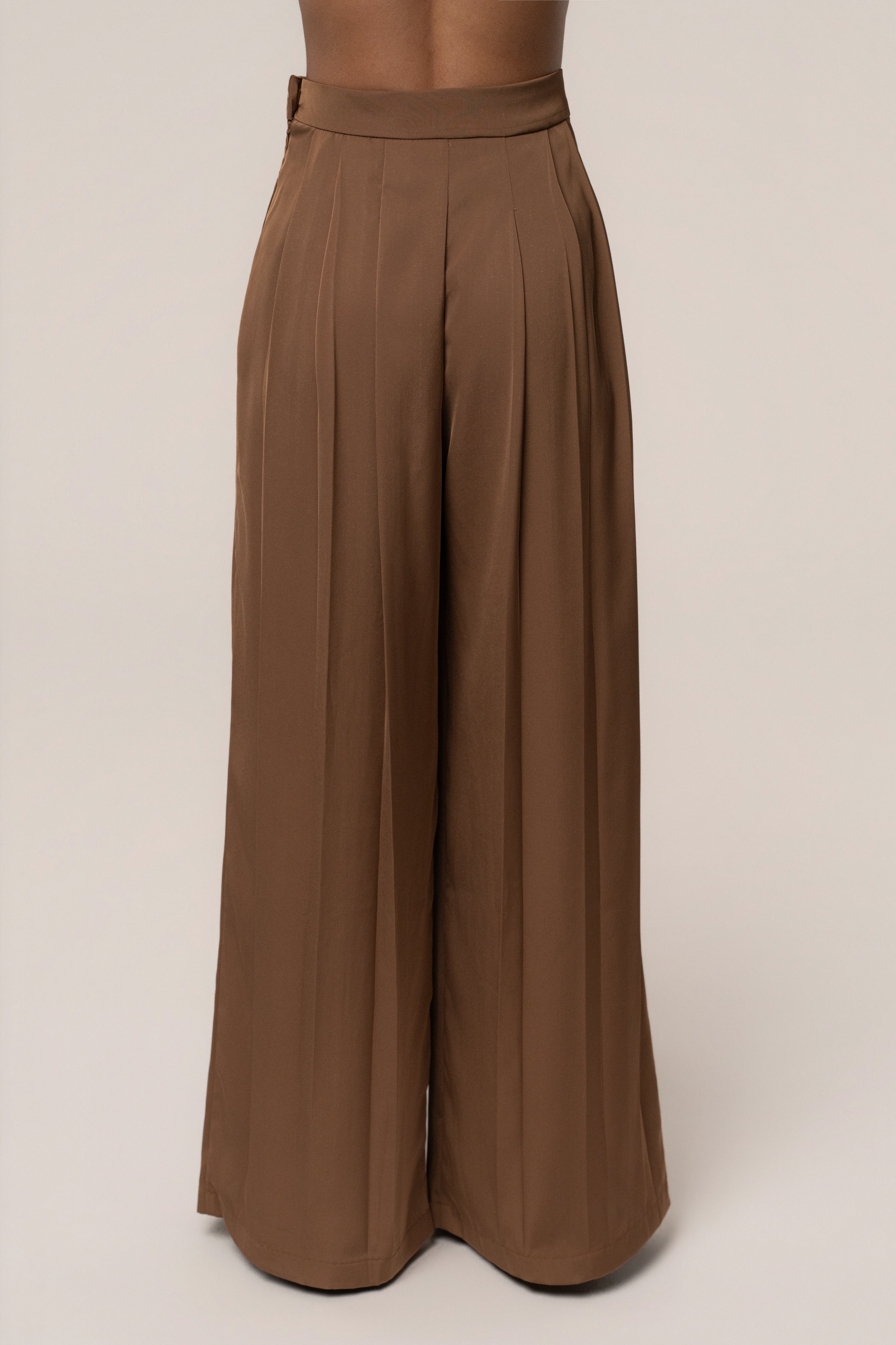 Brown Clara Wide Leg Pleated Trousers
