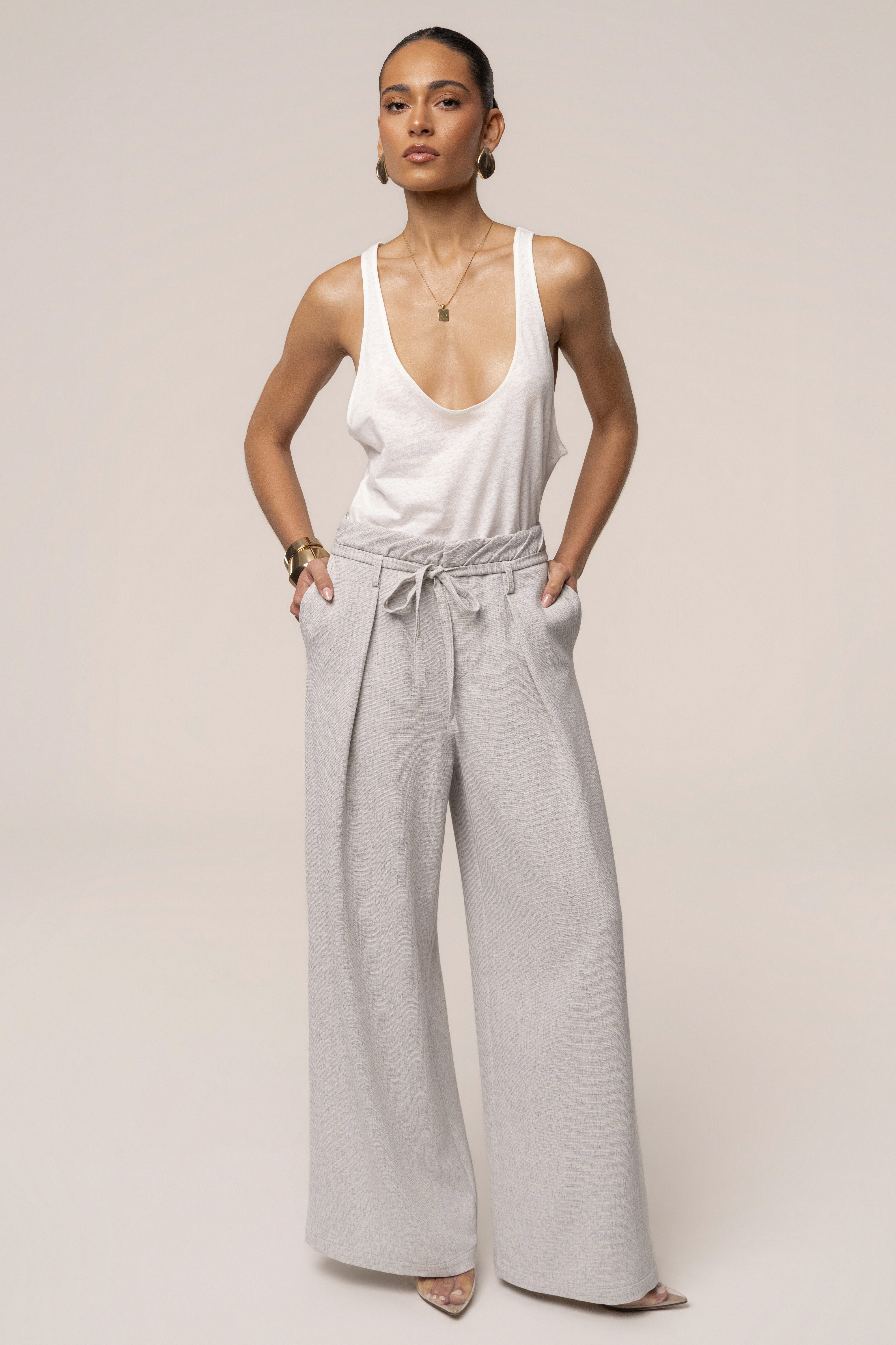 Heather grey JLUXLABEL wide-leg pants with a refined fit, featuring a relaxed, stylish design perfect for casual or dressy occasions.