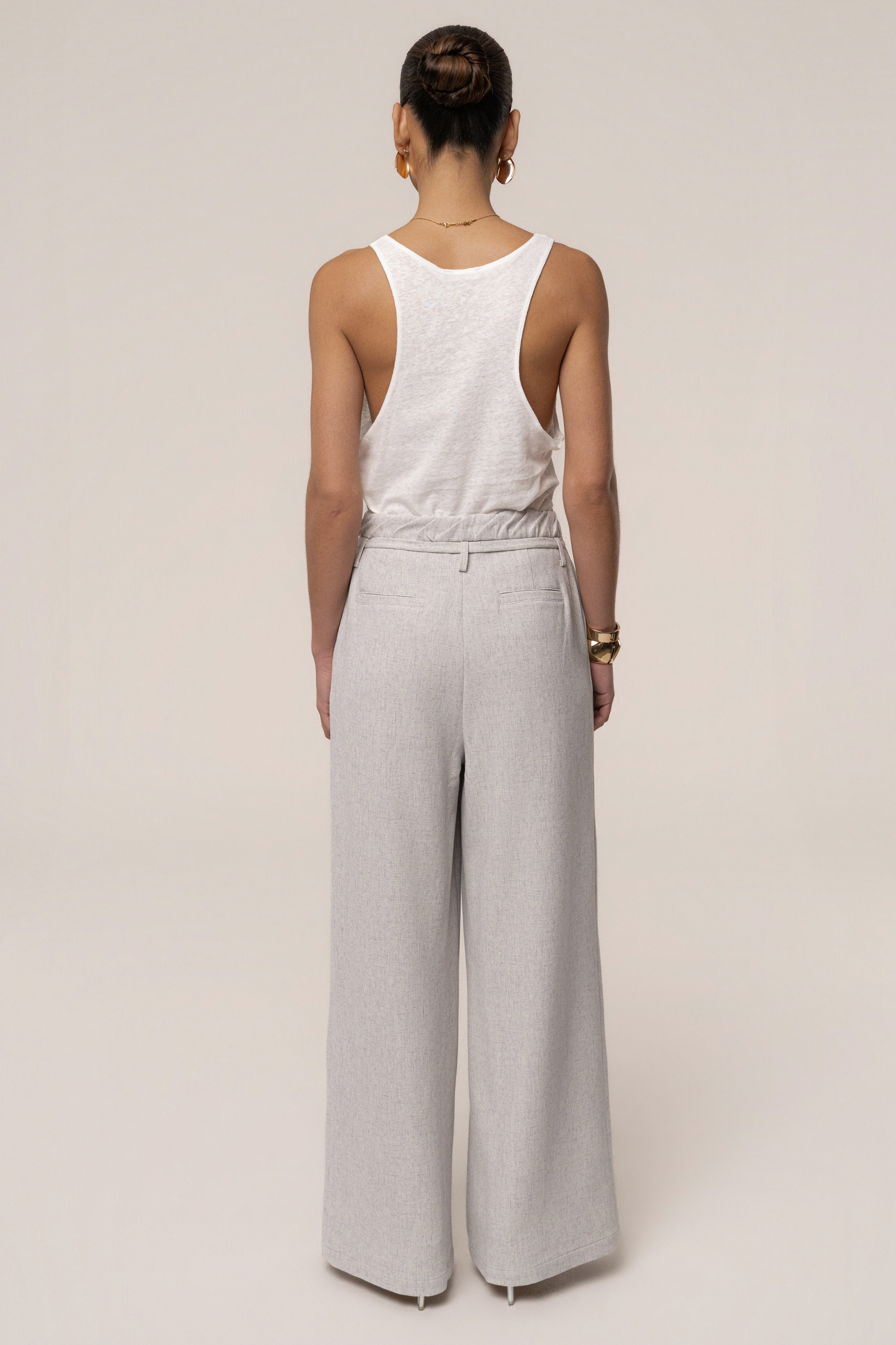 Heather grey JLUXLABEL refined ease wide leg pants, stylish bottoms with a relaxed fit and wide-leg silhouette, front view.